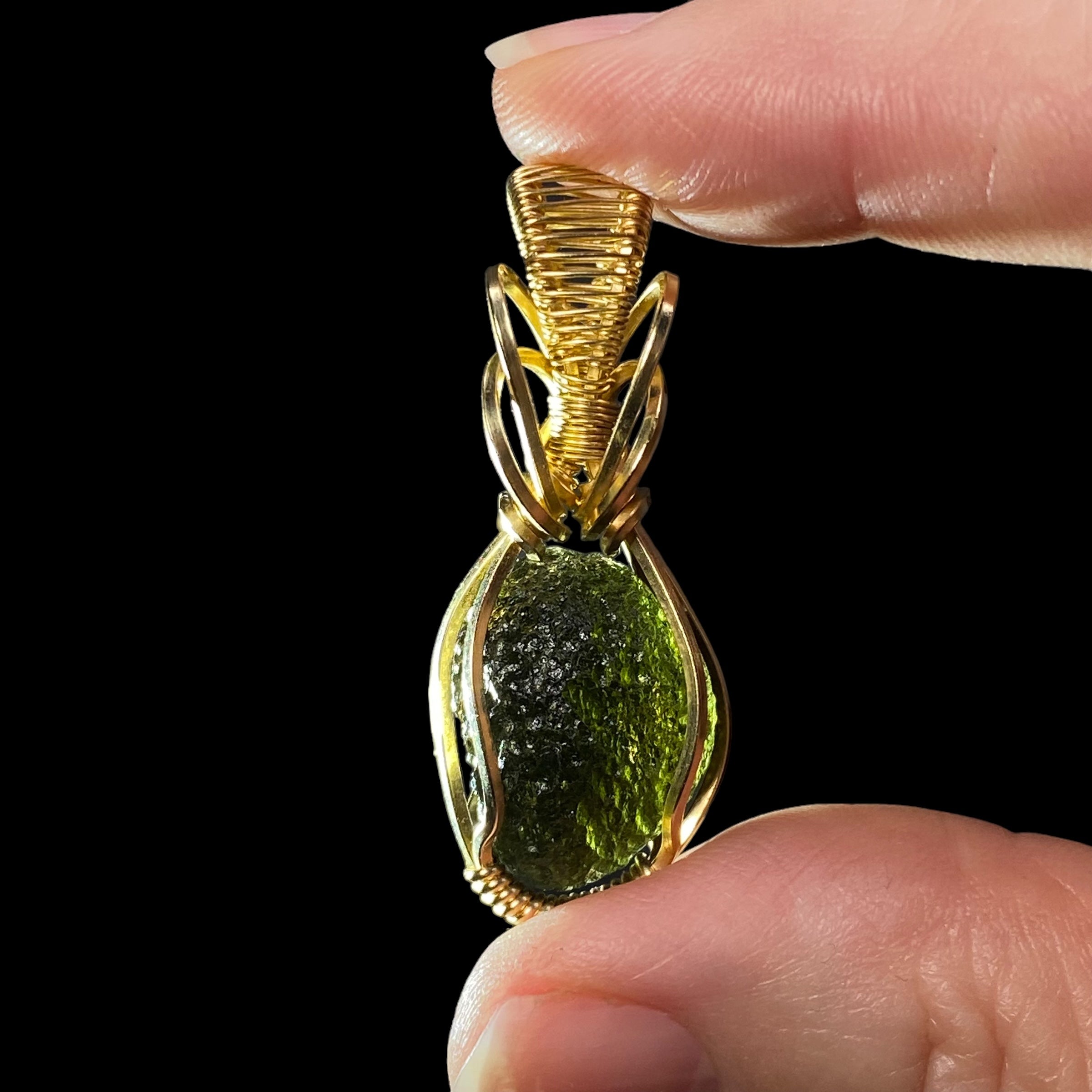 Chlum Moldavite Crystal Wire Wrap Pendant - 14k Gold Filled Wire