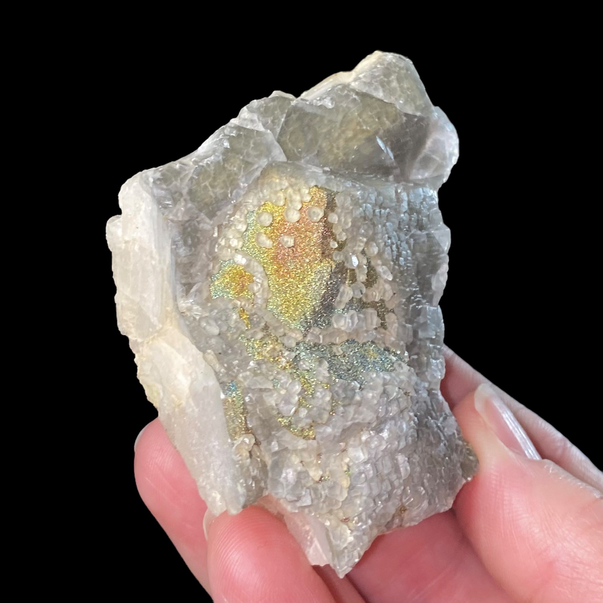 Rainbow Pyrite with Fluorescent Calcite from Trepca Mine Complex, Kosovo