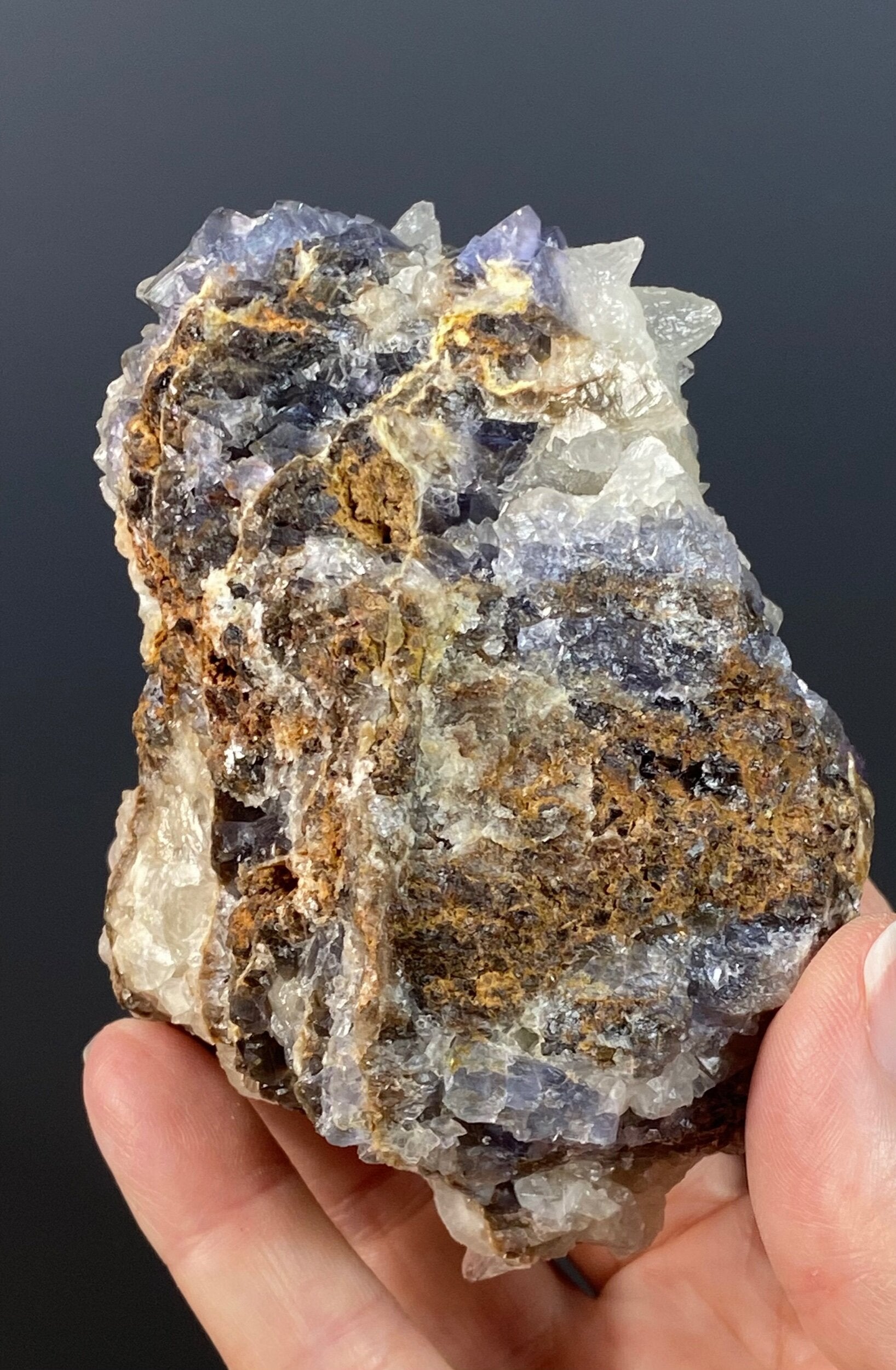 Dog Tooth Calcite Cluster on Blue / Purple Fluorite Matrix - UV Reactive - Fluorescent 365 nm Long Wave