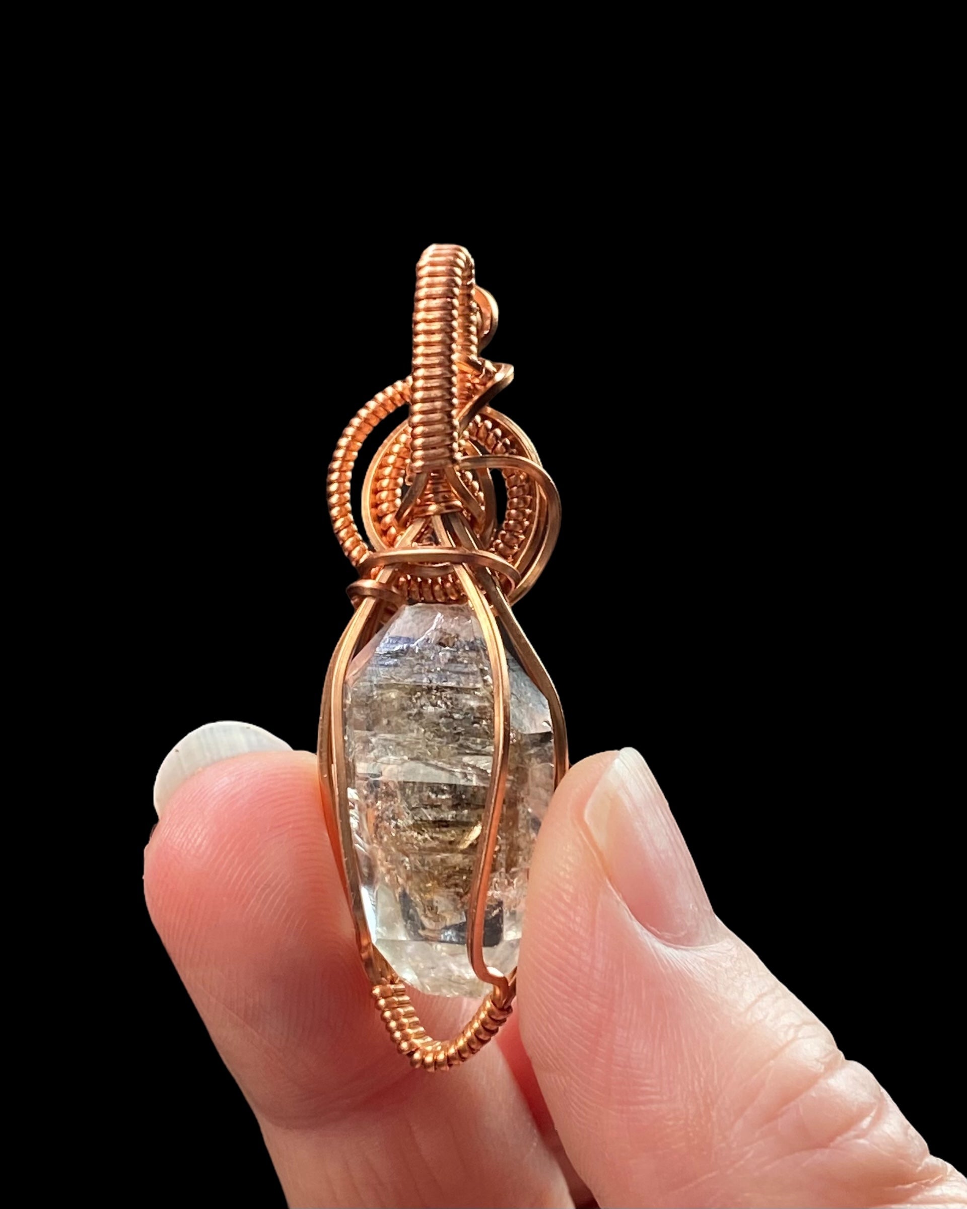 Fluorescent Petroleum Skeletal Fenster Quartz & Copper Wire Wrapped Pendant