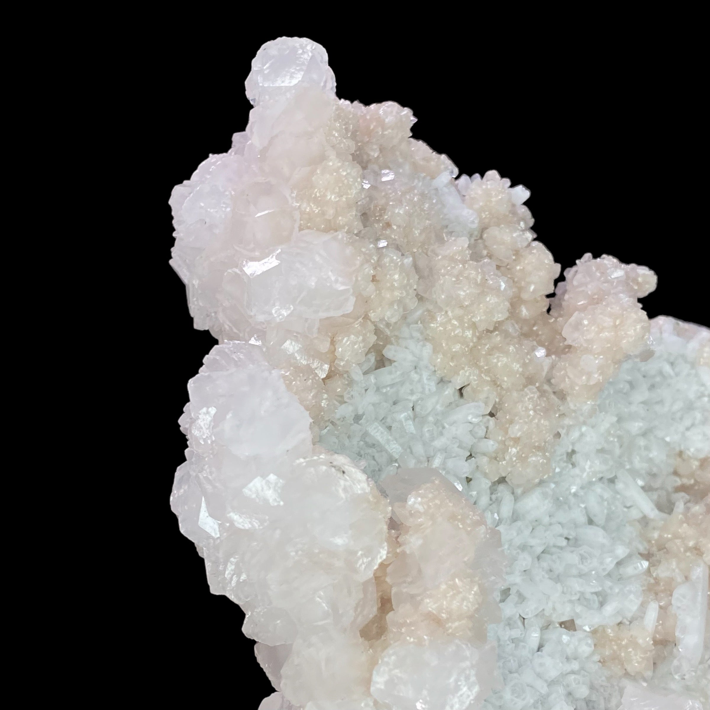 Rhodochrosite Cluster with Fluorescent Calcite & Milky Quartz Crystals, from Trepça Mines, Kosovo