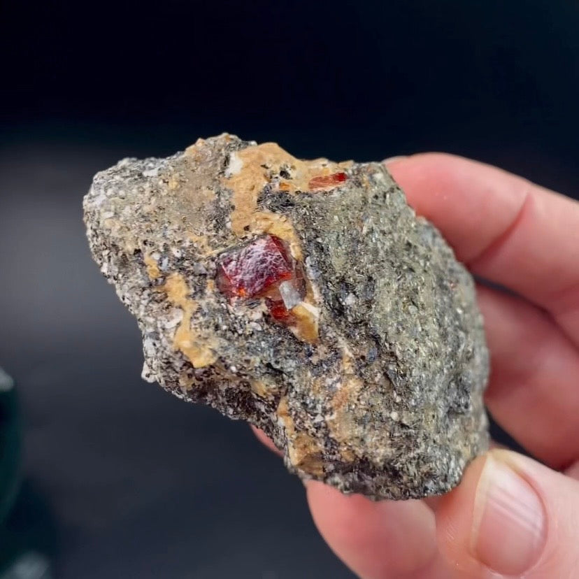 Zircon Crystals with Fluorescent Apatite Inclusions, Biotite-Calcite Aegirine matrix, Astore Valley, Pakistan