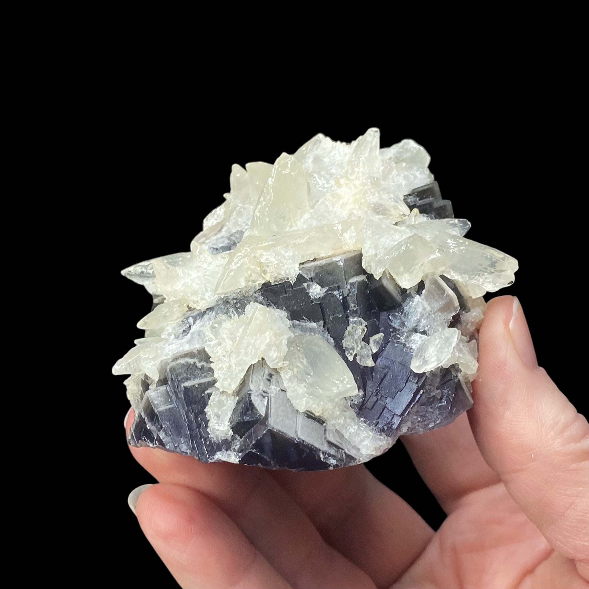 Dog Tooth Calcite on Blue Purple Fluorite Matrix, UV Reactive, Fluorescent