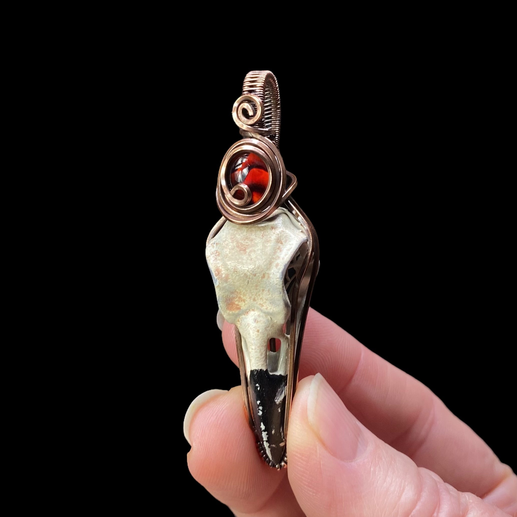 Resin Raven Skull & Spiral Copper Wire Wrapped Pendant