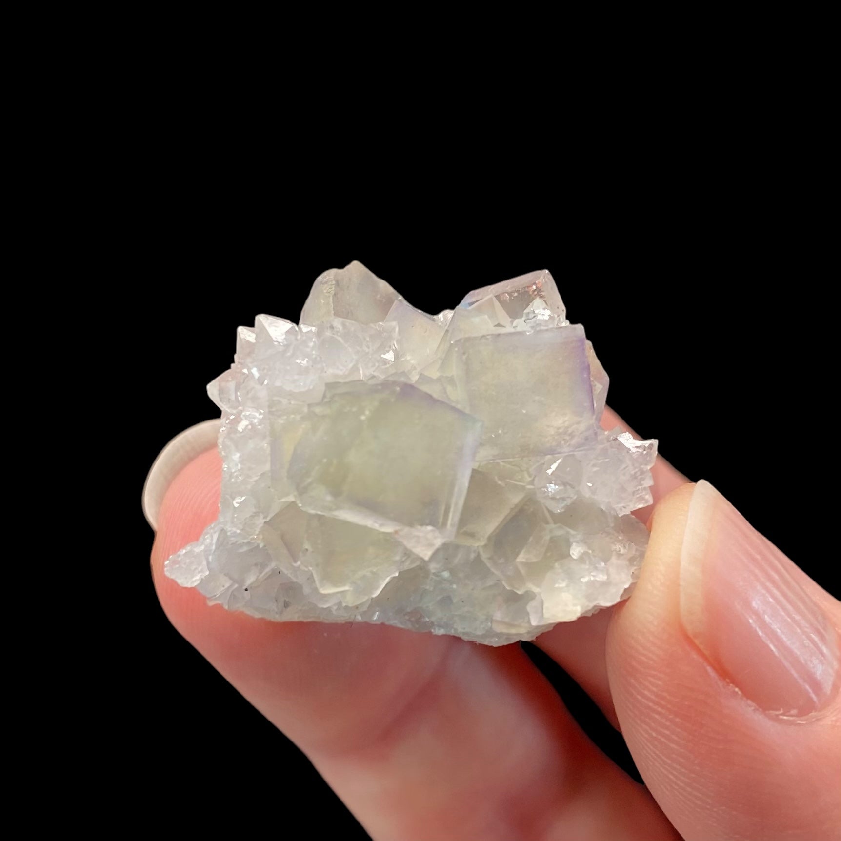 Lavender and Pale Green Fluorite Cluster with Clear Quartz