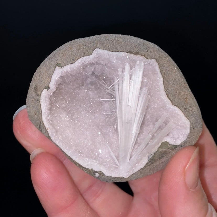 Radiating Scolecite Crystals with Quartz in Trimmed Basalt Pocket