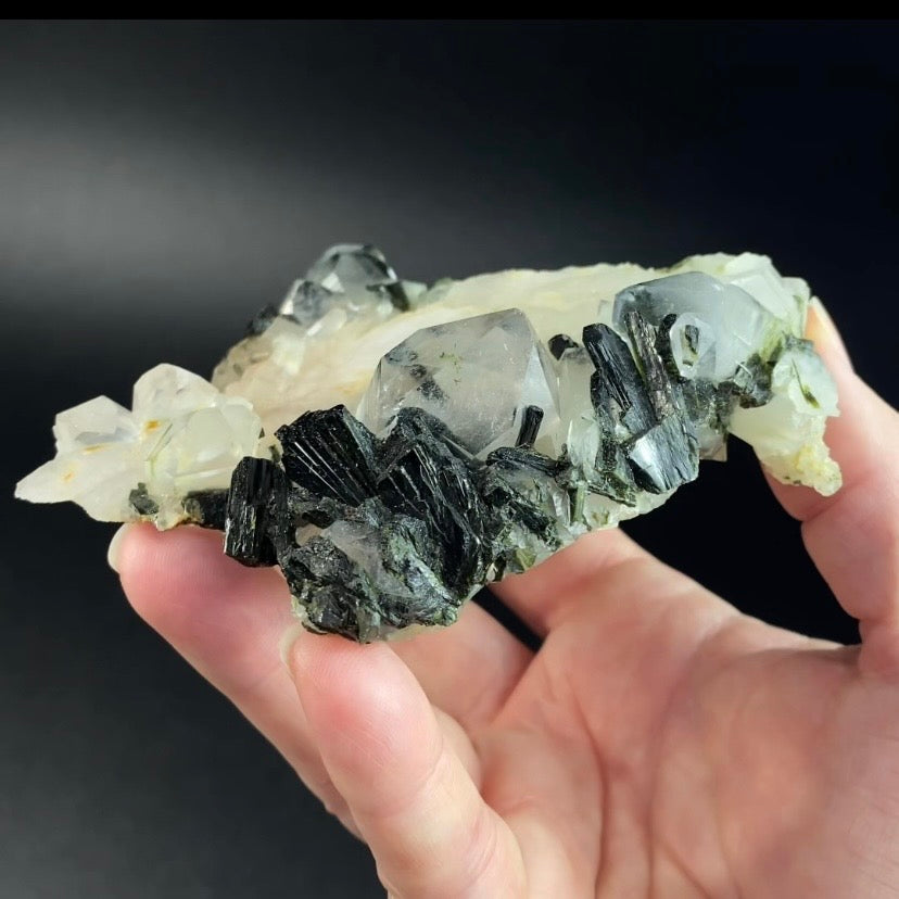 Quartz Crystal Cluster with Dark Green Epidote Crystals