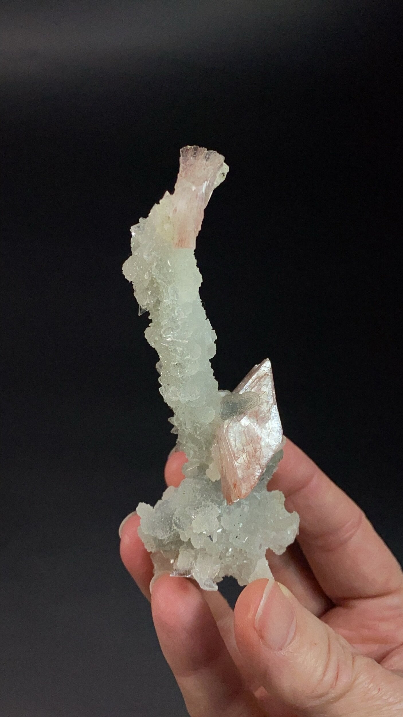 Clear Apophyllite, Pink Heulandite & Calcite Stalactite Formation Cluster