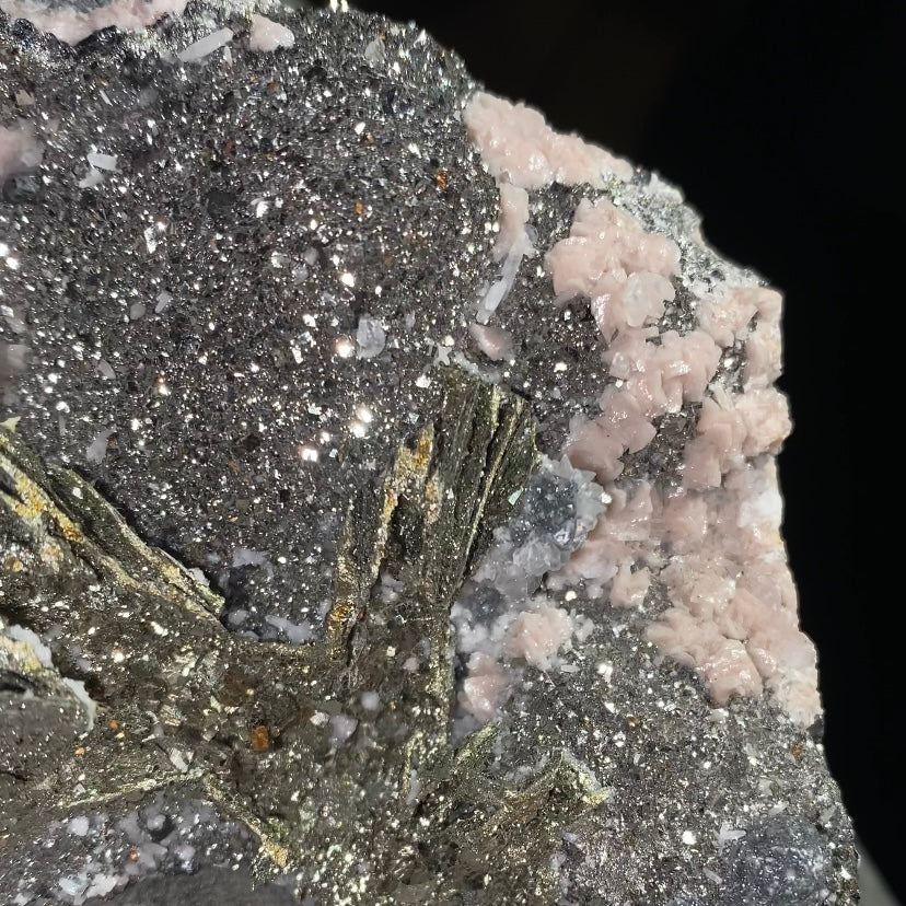 Rhodochrosite Rosettes on Arsenopyrite, with Sphalerite, Pyrite After Pyrrhotite, Milky Quartz Crystals  & Calcite from Trepça Mines, Kosovo