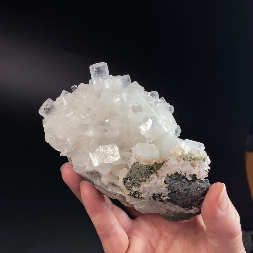 Clear Apophyllite Crystals with Peach Stilbite & Okenite on Basalt Matrix