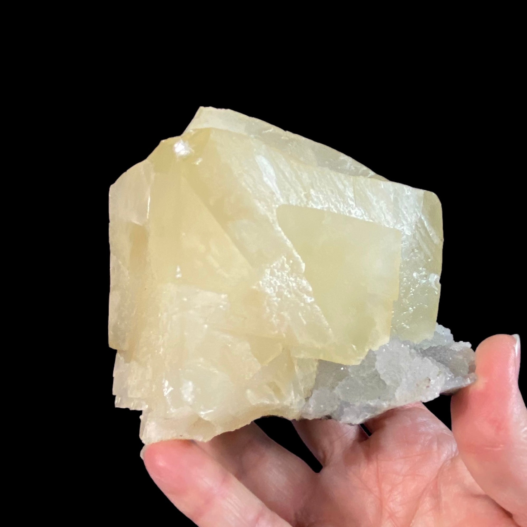 Yellow Rhombic Calcite Cluster with Chalcedony on Basalt Matrix Remnant