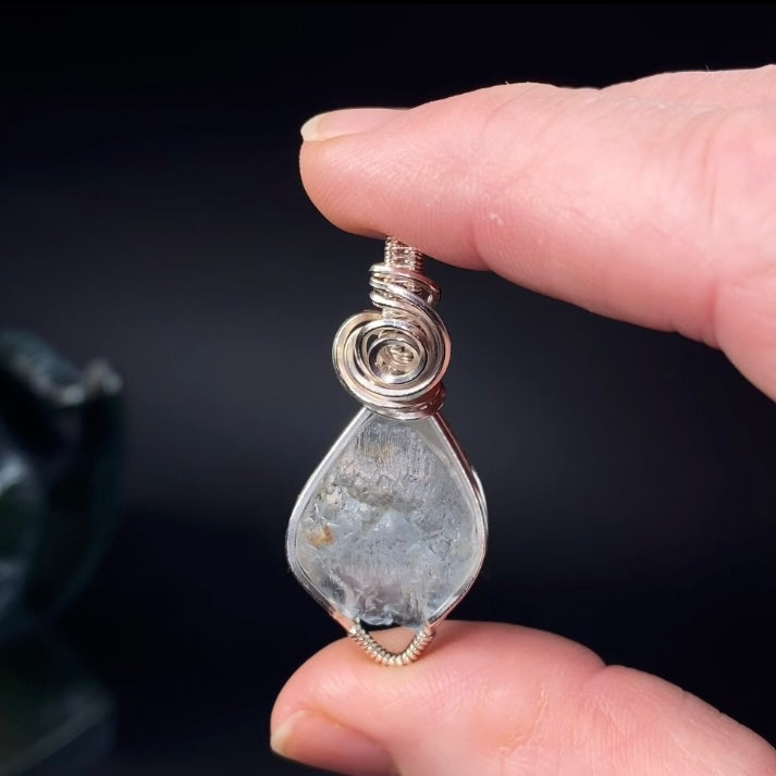 River Tumbled Natural Blue Topaz Crystal & Sterling Silver Wire Wrapped Pendant