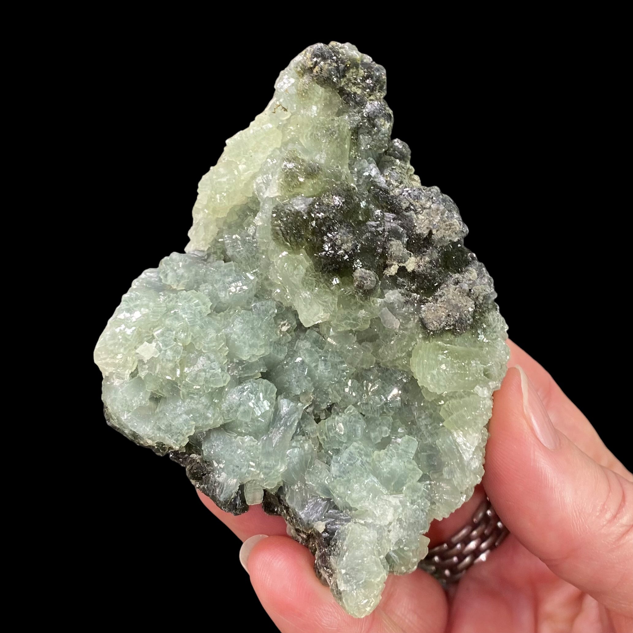 Deep Green Prehnite Cluster with Fine Needle Crystals