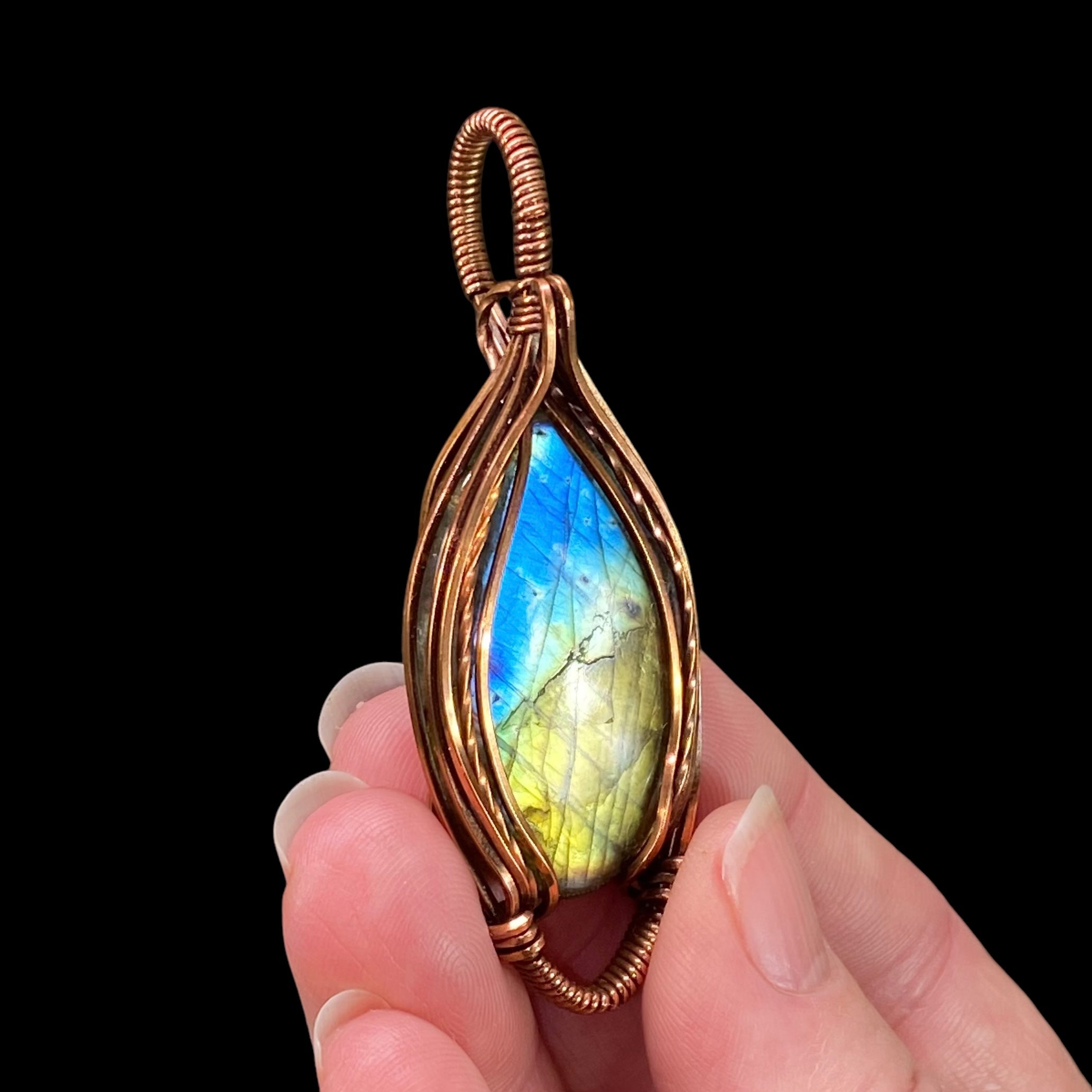 Labradorite Cabochon Wire Wrap Pendant - Oxidized Copper Wire