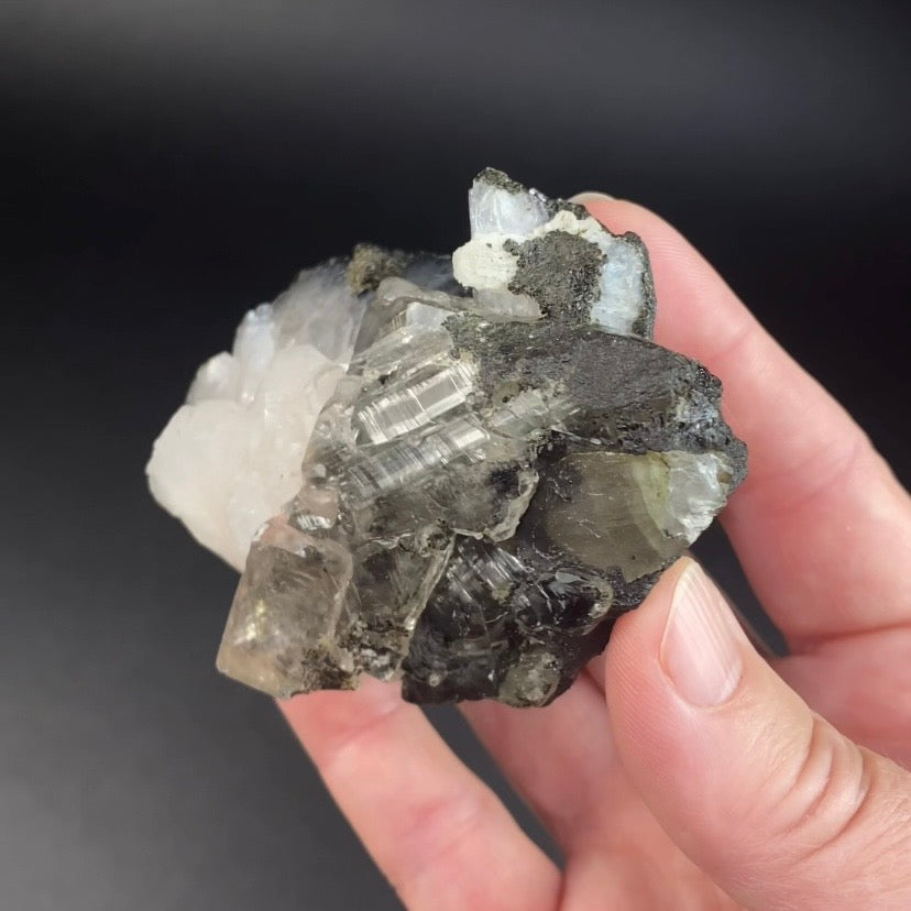 White Clear Heulandite Fan Cluster with Clear Calcite on Basalt Matrix