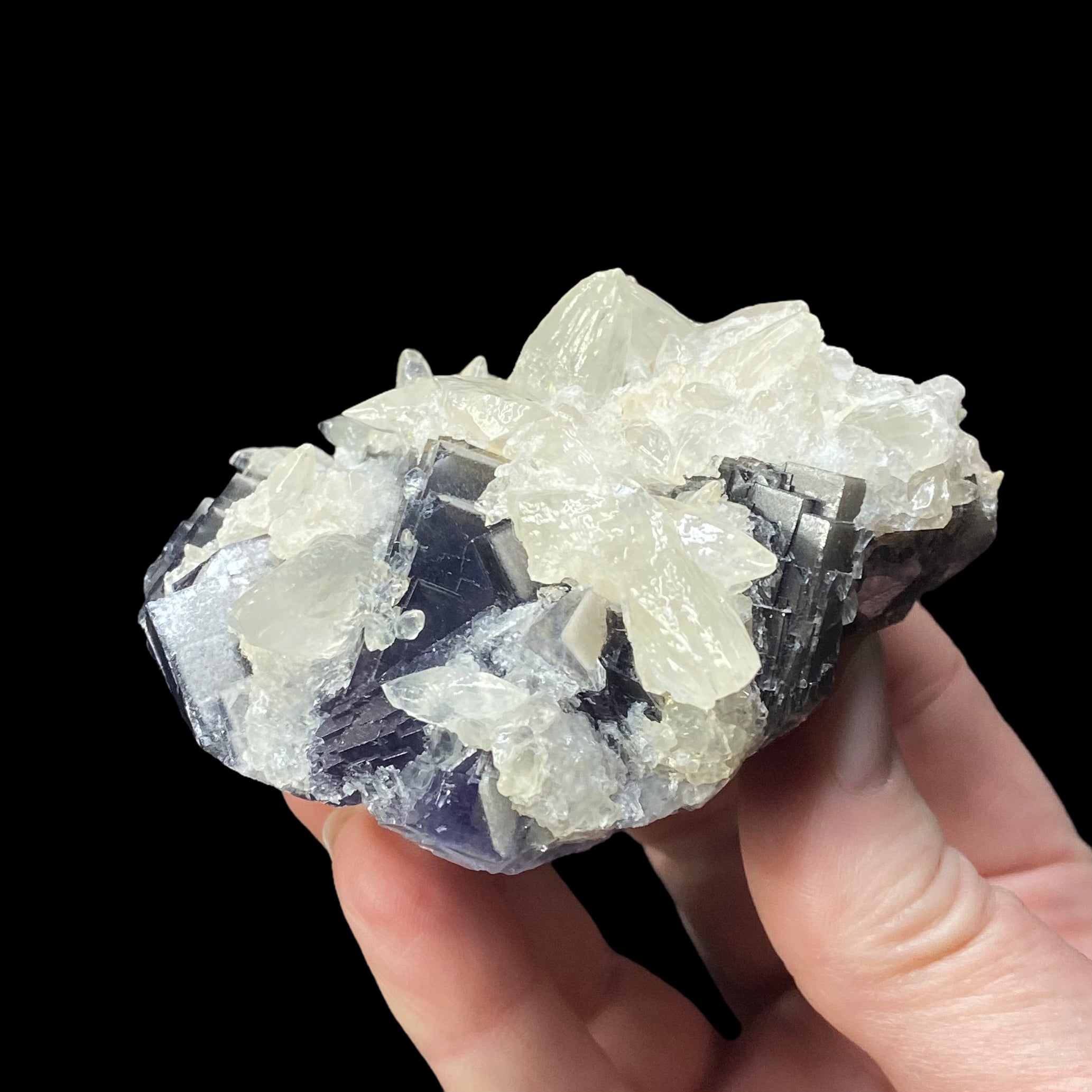 Dog Tooth Calcite on Blue Purple Fluorite Matrix, UV Reactive, Fluorescent