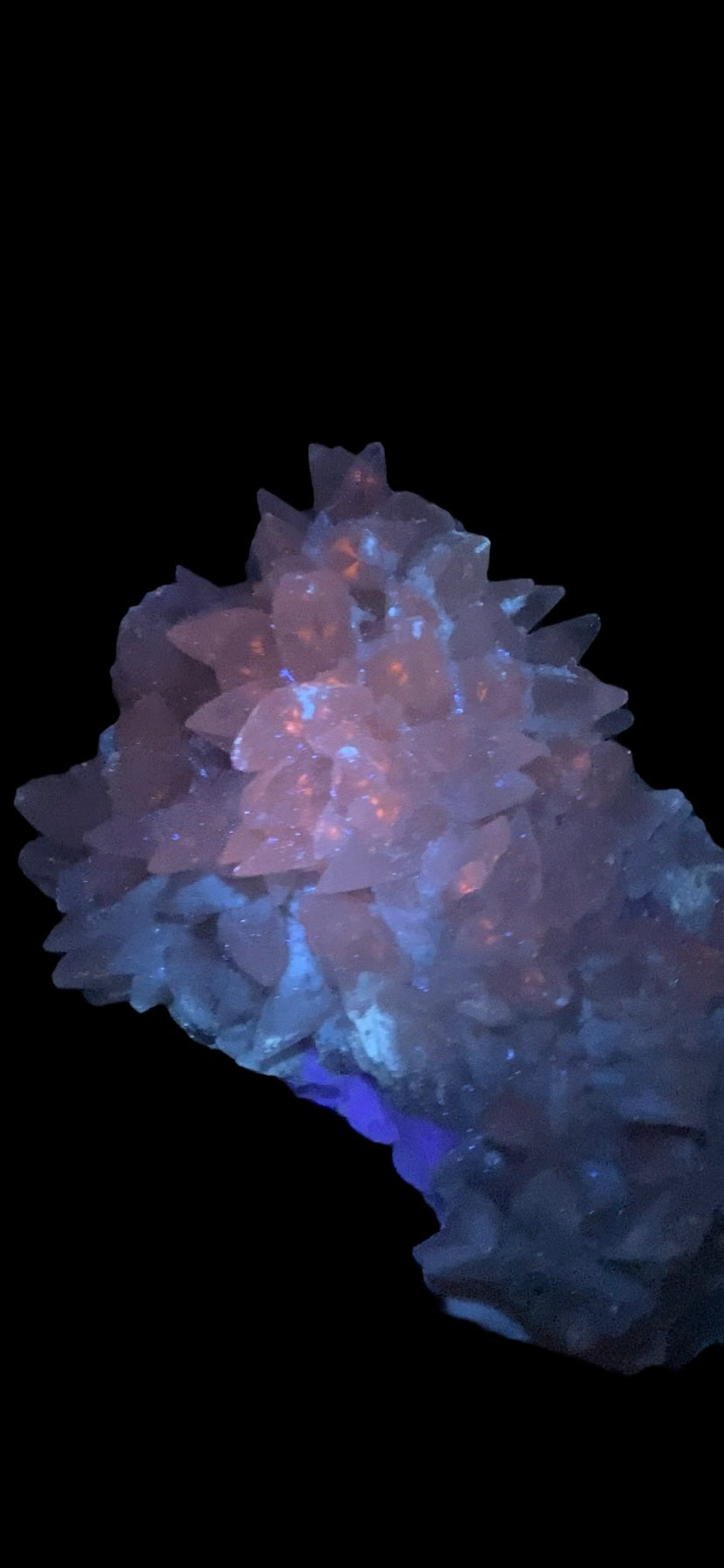 Fluorescent Dog Tooth Calcite on Blue Purple Fluorite Matrix, UV Reactive, Fluorescent