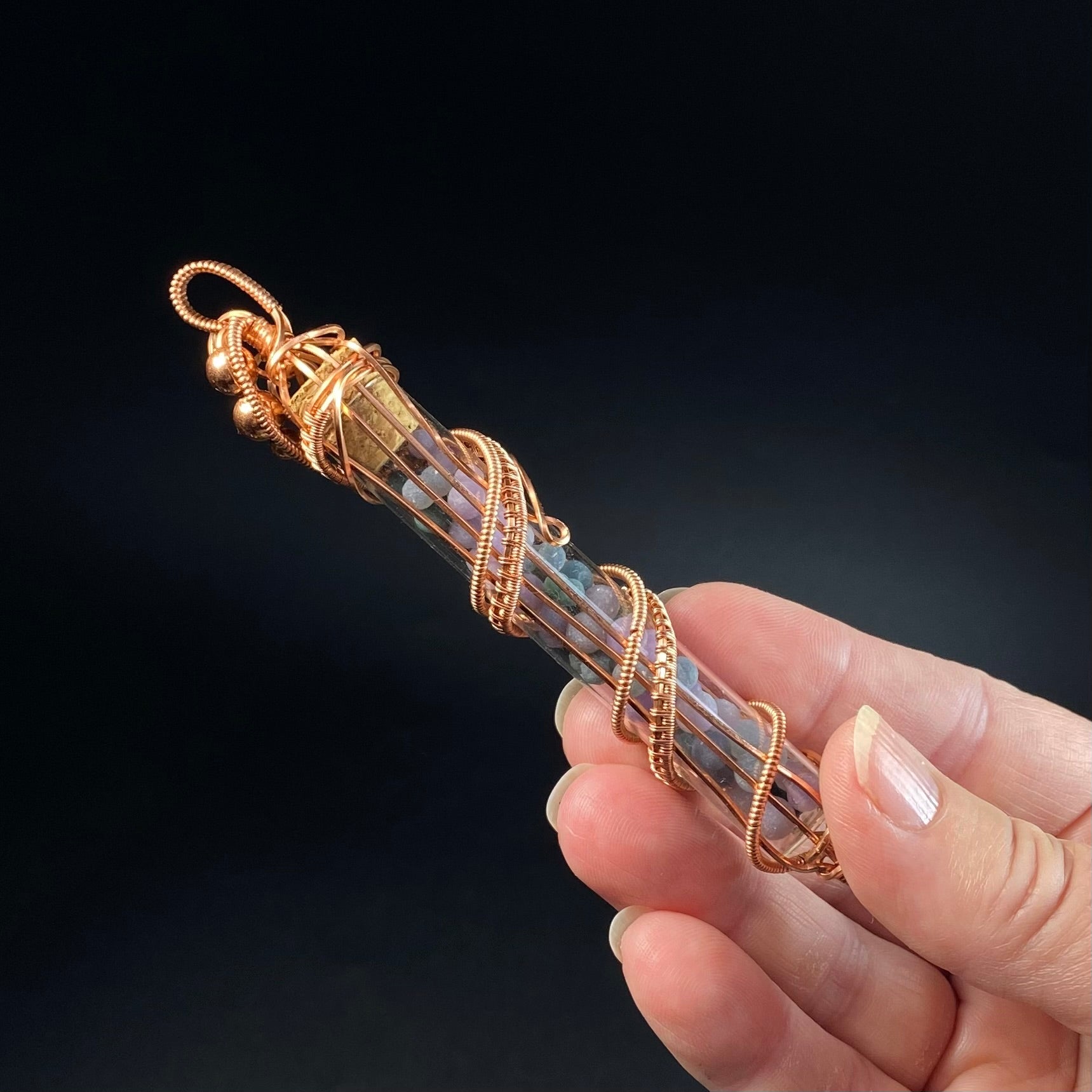 One of a Kind Botryoidal Amethyst aka Grape Agate Wire Wrapped Glass Vial Pendant