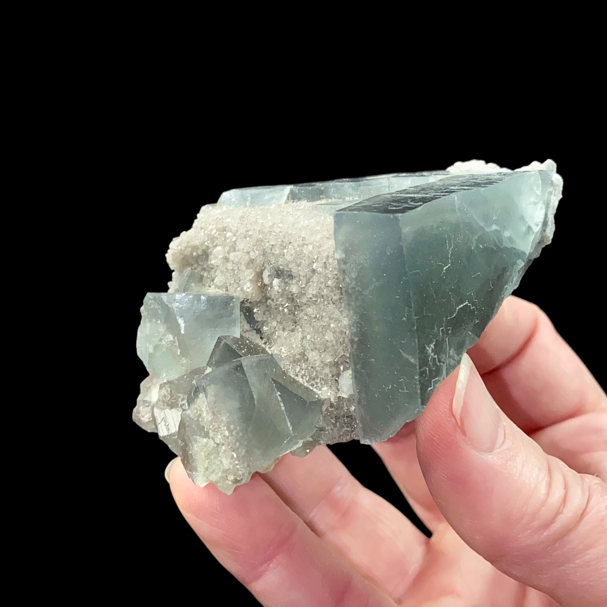 Teal Green Cubic Fluorite Cluster with Druze Quartz