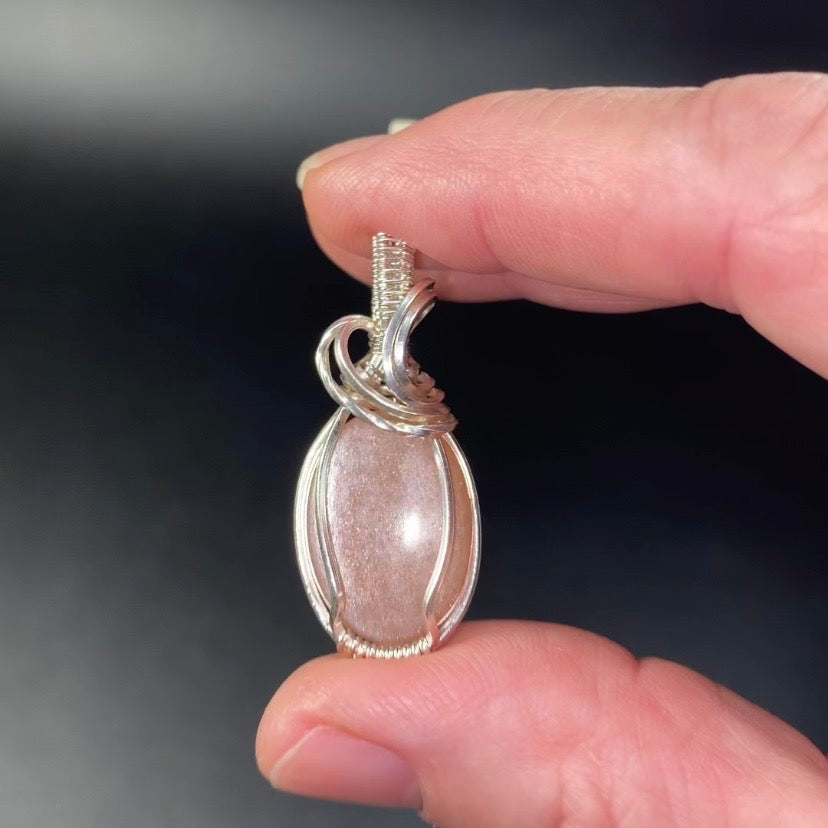 Sunstone in Moonstone & Tarnish Resistant Argentium Silver Handmade Wire Wrapped Pendant