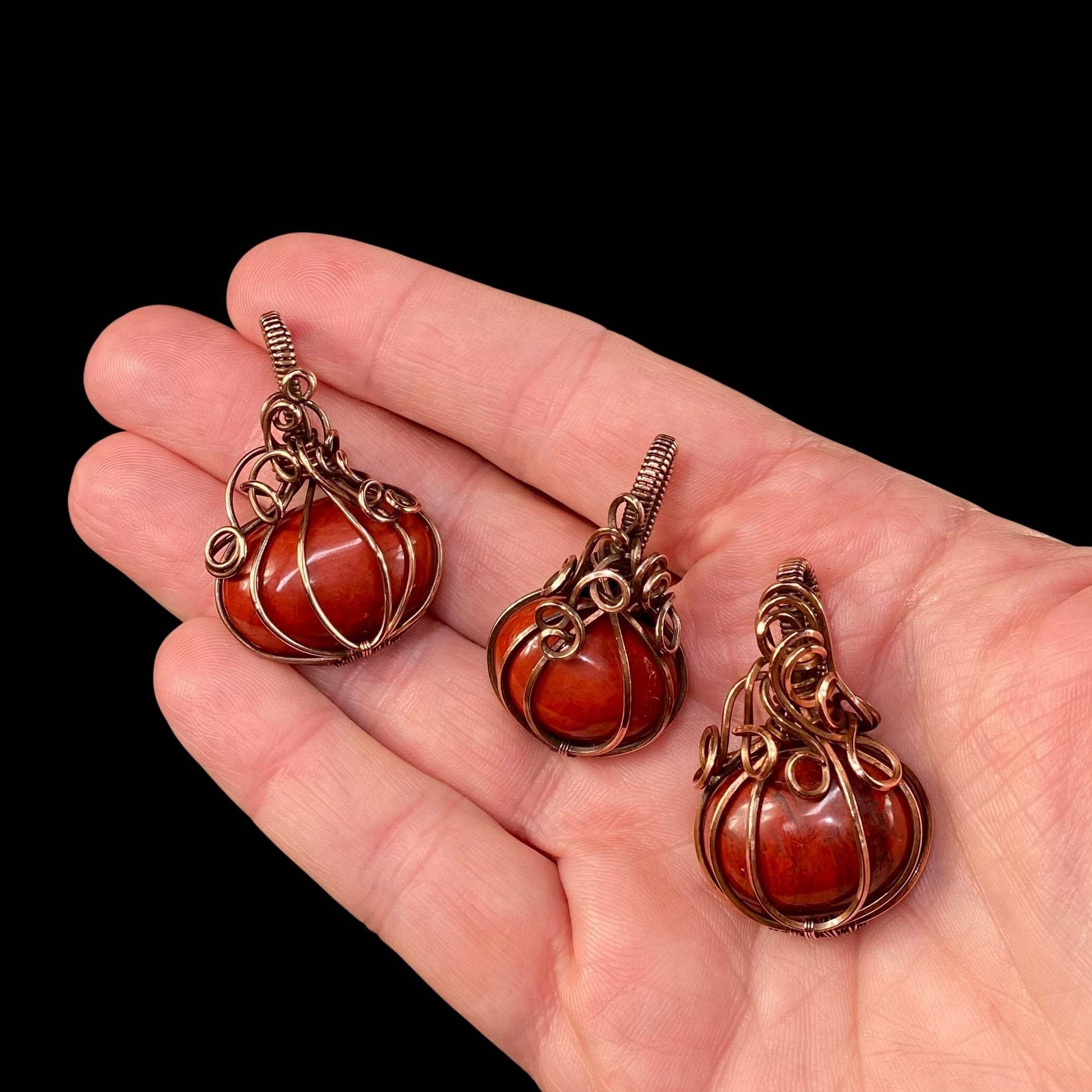 Jasper Pumpkin Wire Wrapped Pendant in Copper, Halloween Jewelry