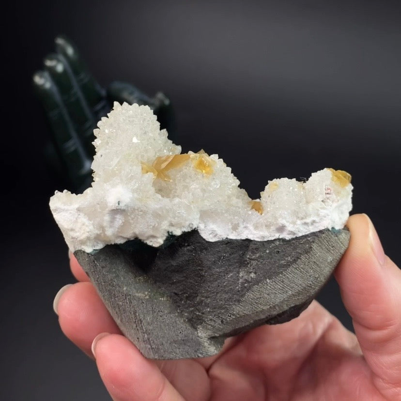 Phosphorescent Golden Honey Calcite Crystals on Druzy Quartz in Basalt Pocket