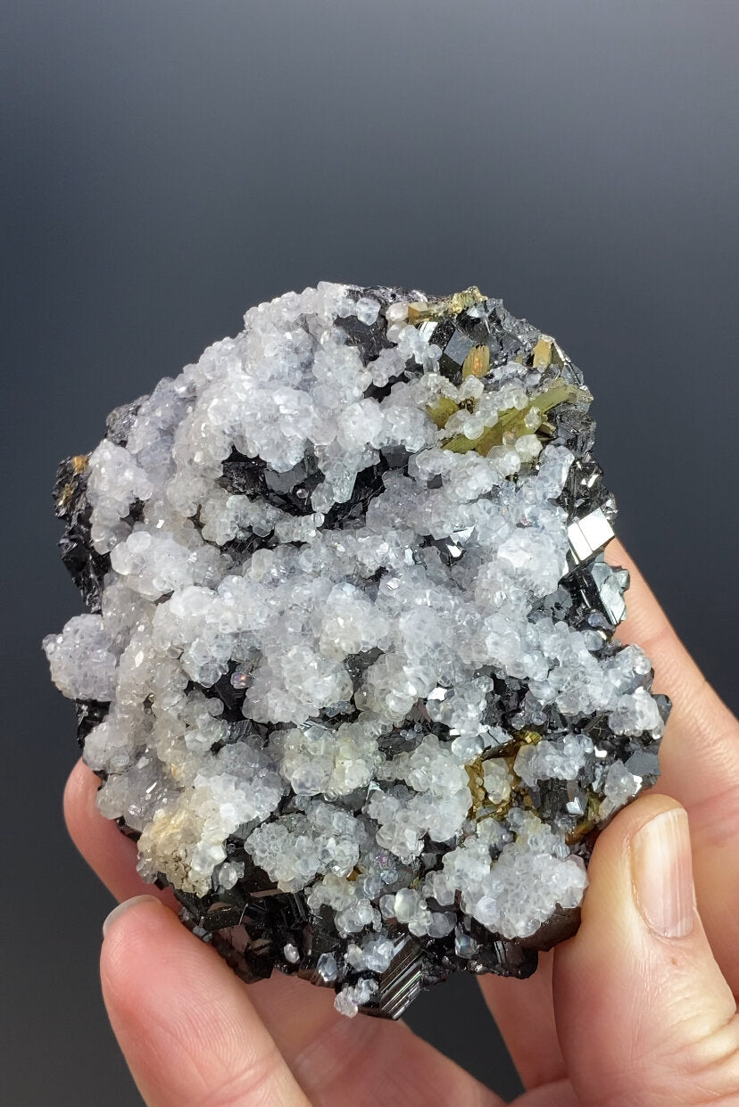 Sphalerite Crystal Cluster with Fluorescent Calcite, Chalcopyrite from Trepça Mines