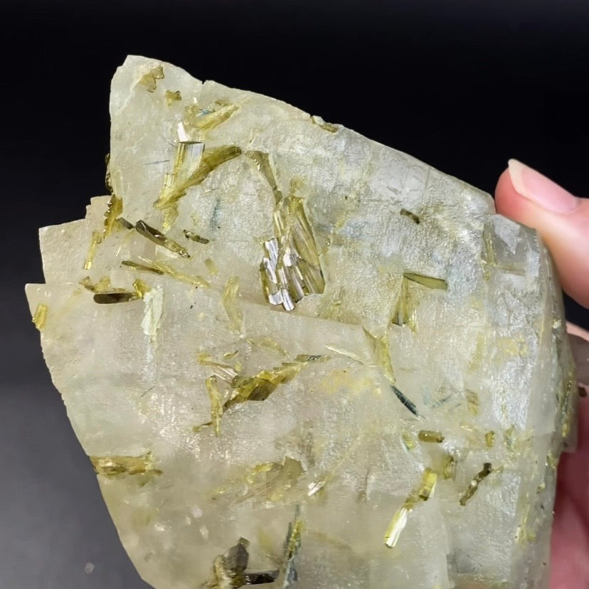 Double Terminated Scalenohedral Dog Tooth Calcite Crystal with Epidote