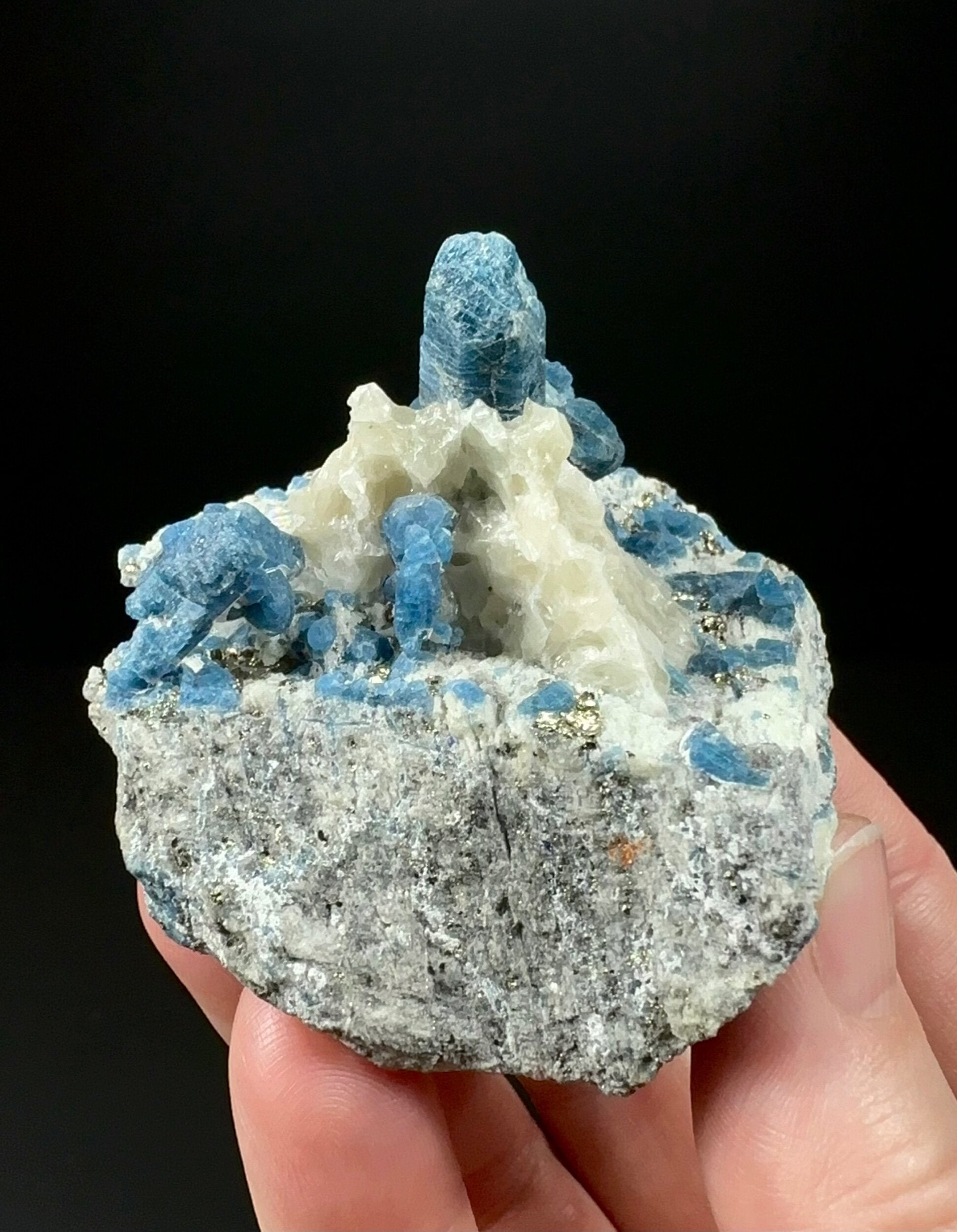 UV Reactive Blue Sodalite / Hauyne with Calcite & Pyrite on Marble Matrix - Terminated Crystals