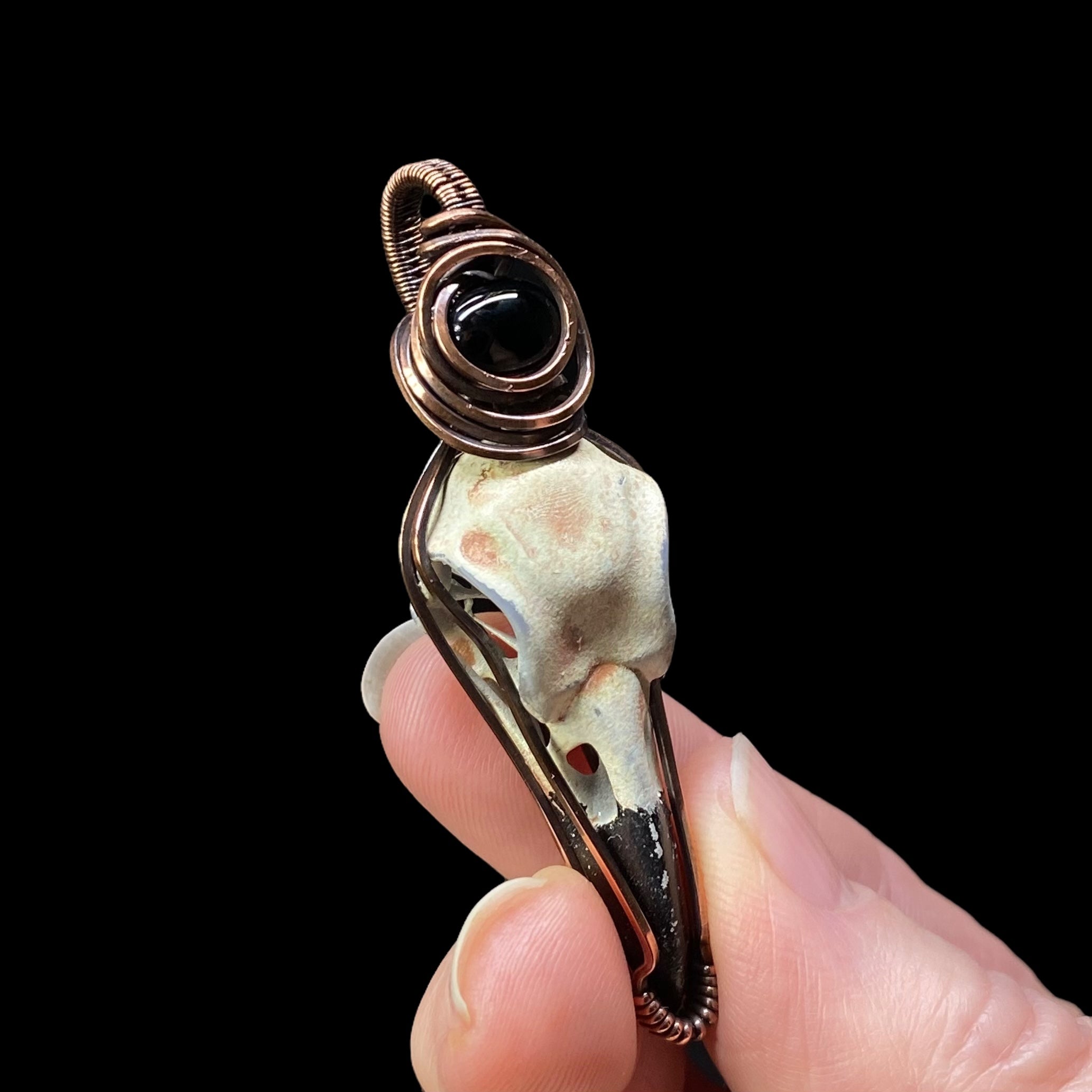 Resin Raven Skull & Copper Wire Wrapped Pendant with Black Onyx Accent Stone