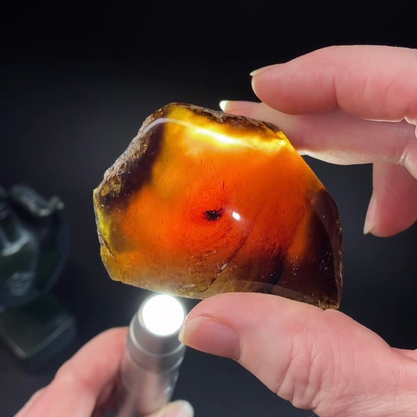 High Grade Sumatran Blue Amber Polished Display Face and Raw Exterior