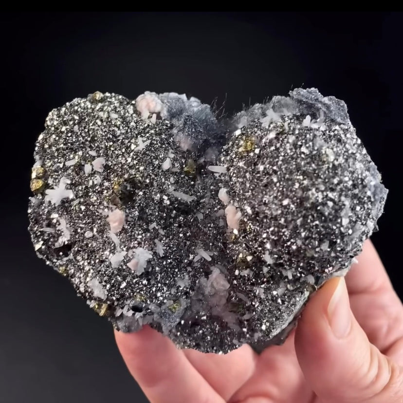 Rhodochrosite Rosettes on Arsenopyrite, with Sphalerite, Pyrite, Boulangerite, Milky Quartz Crystals  & Calcite from Trepça Mines, Kosovo