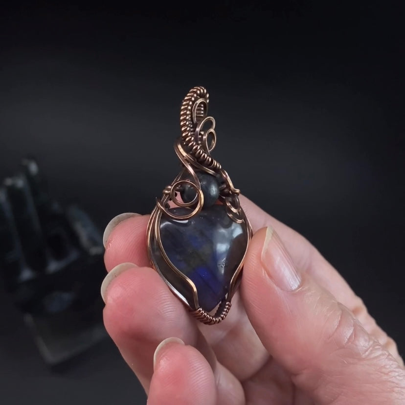Labradorite Heart and Copper Wire Wrapped Pendant with Shungite Accent Bead