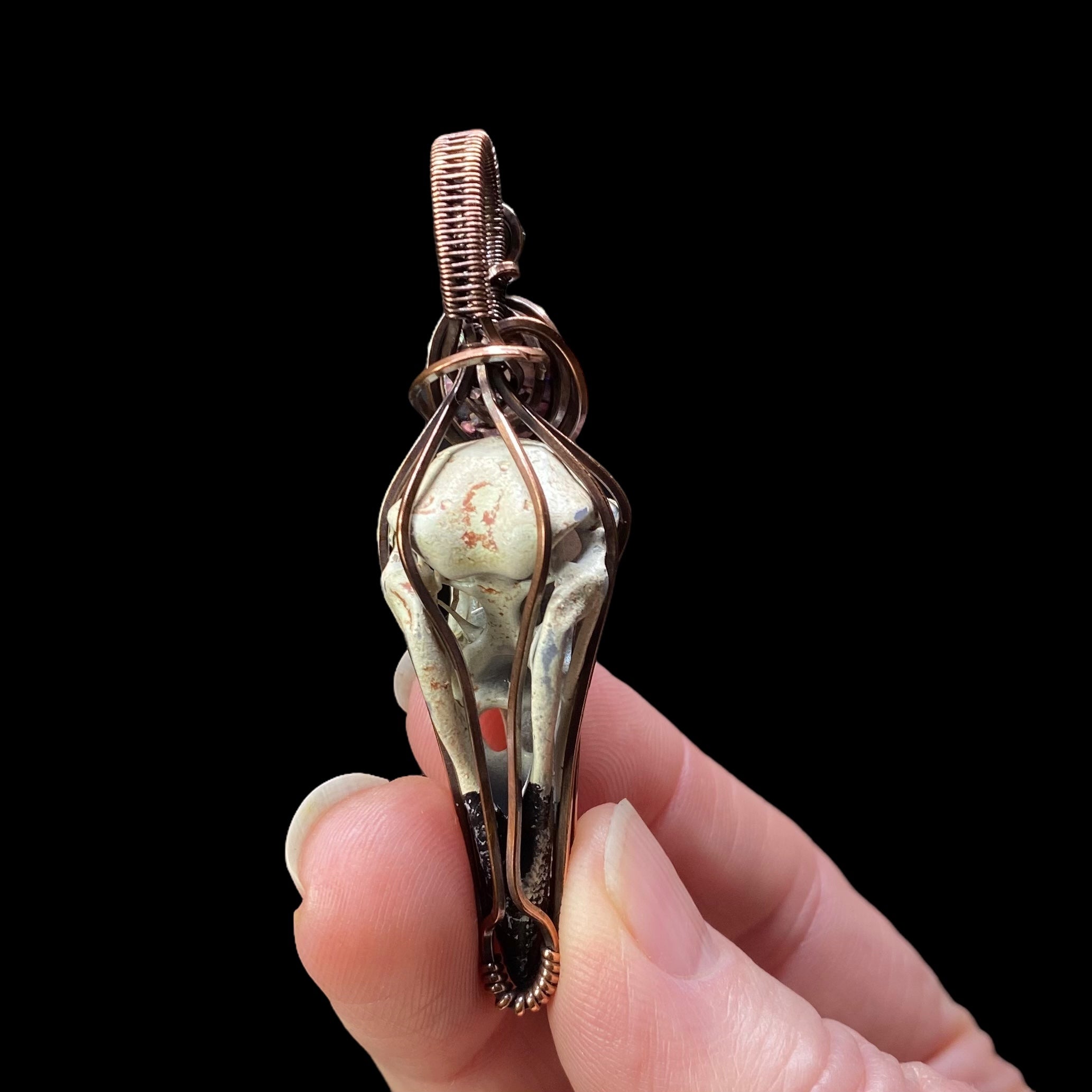 Resin Raven Skull & Spiral Copper Wire Wrapped Pendant