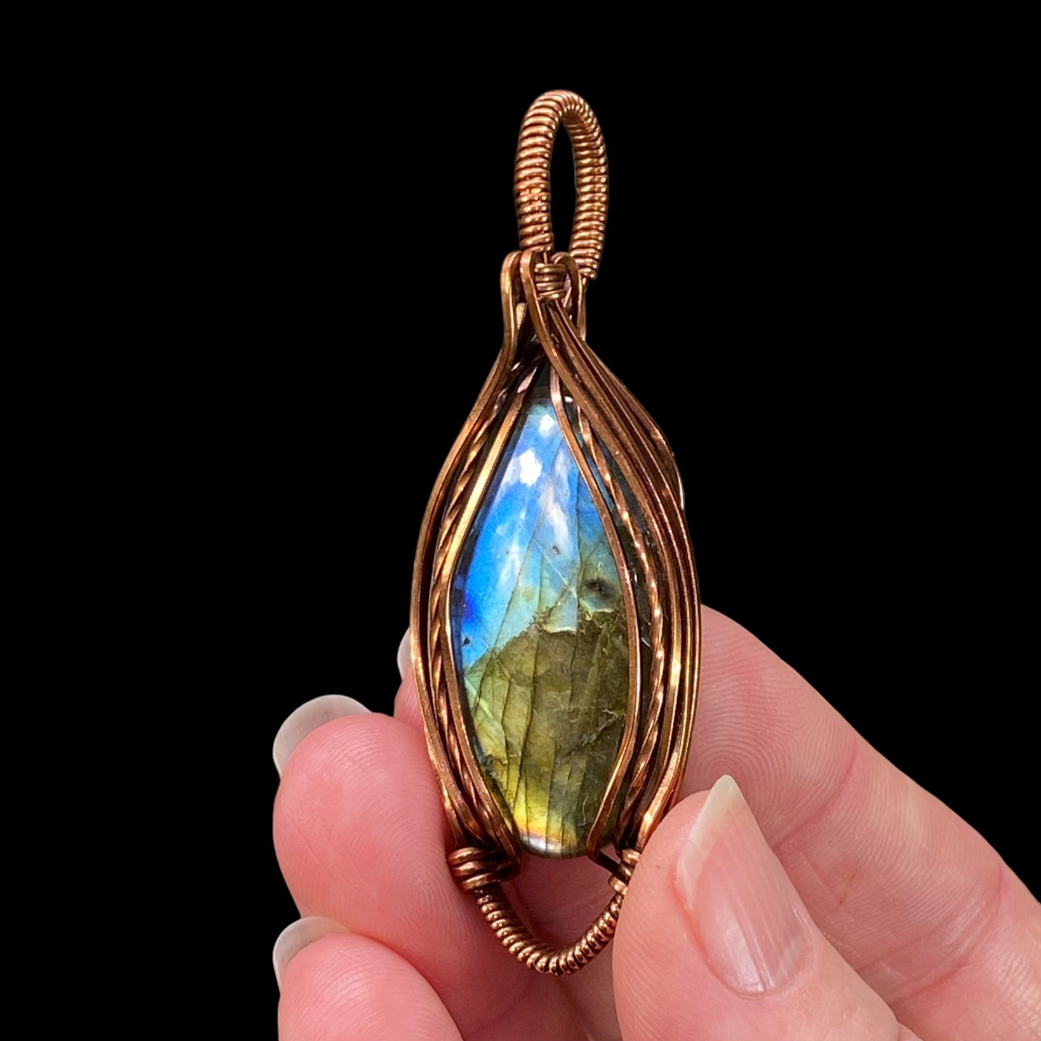 Labradorite Cabochon Wire Wrap Pendant - Oxidized Copper Wire