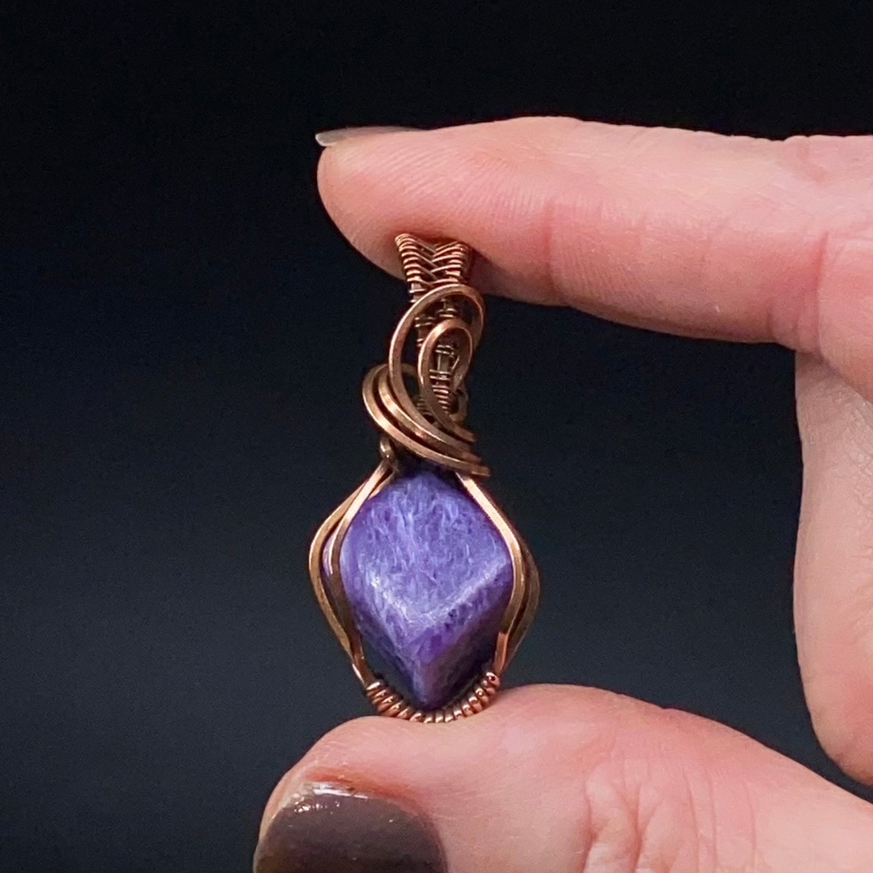 Purple Charoite and Copper Wire Wrapped Pendant