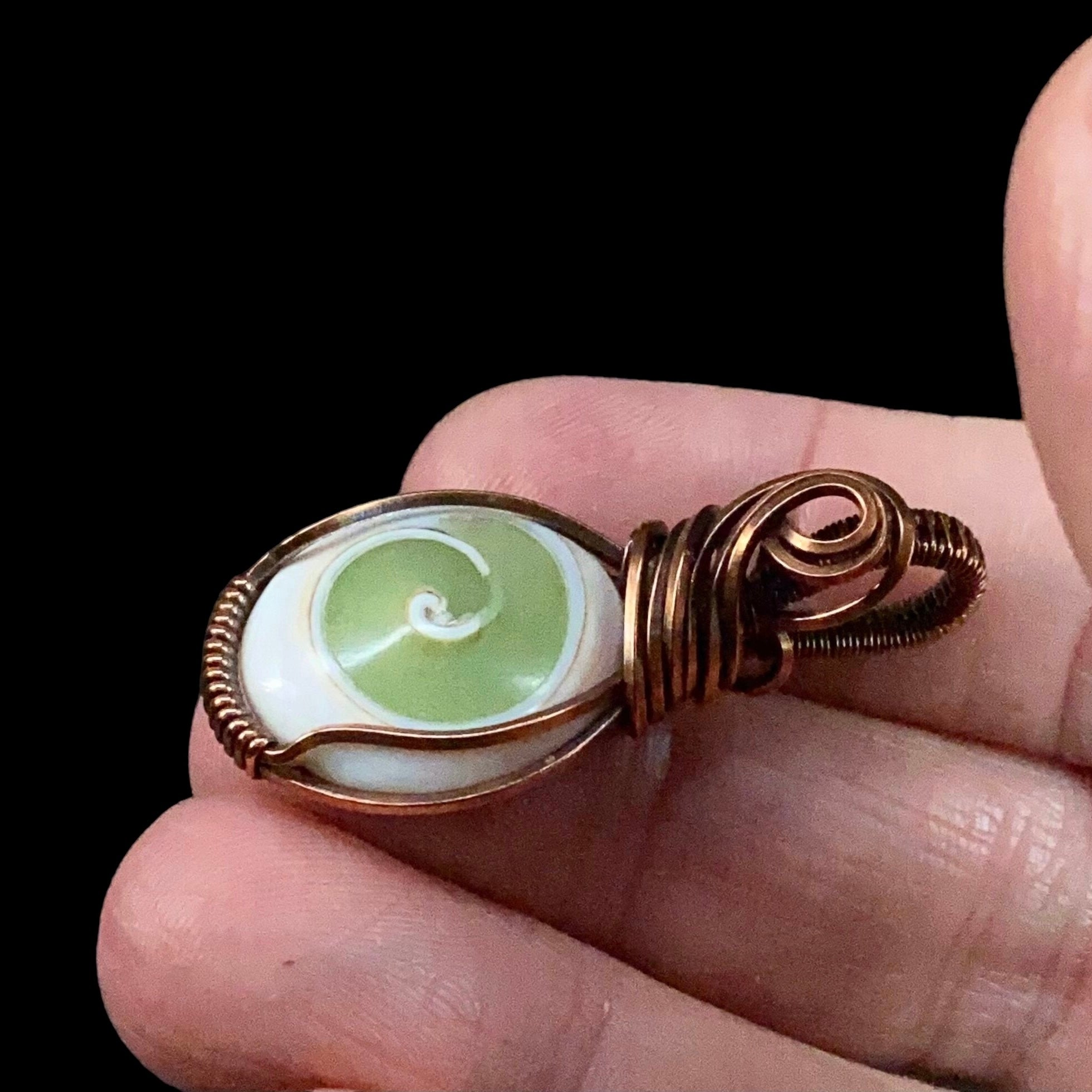 Phosphorescent Gastropod & Copper Wire Wrapped Pendant