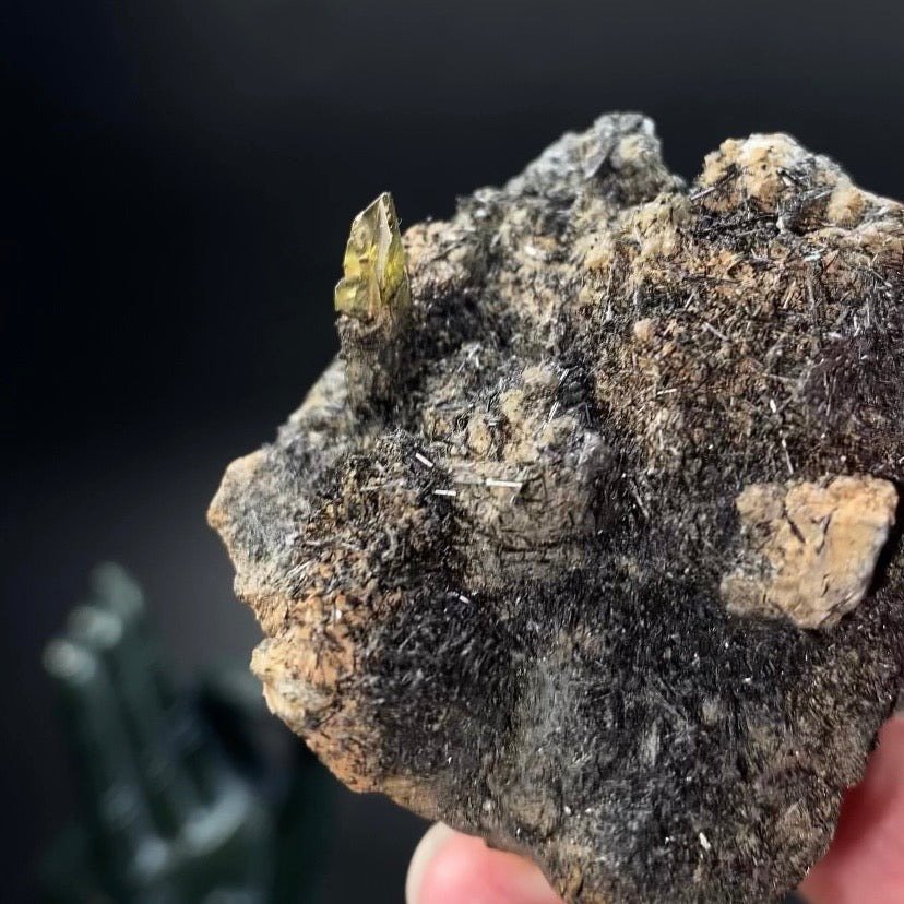 Yellow Green Titanite Sphene Crystal with Rutile on Matrix