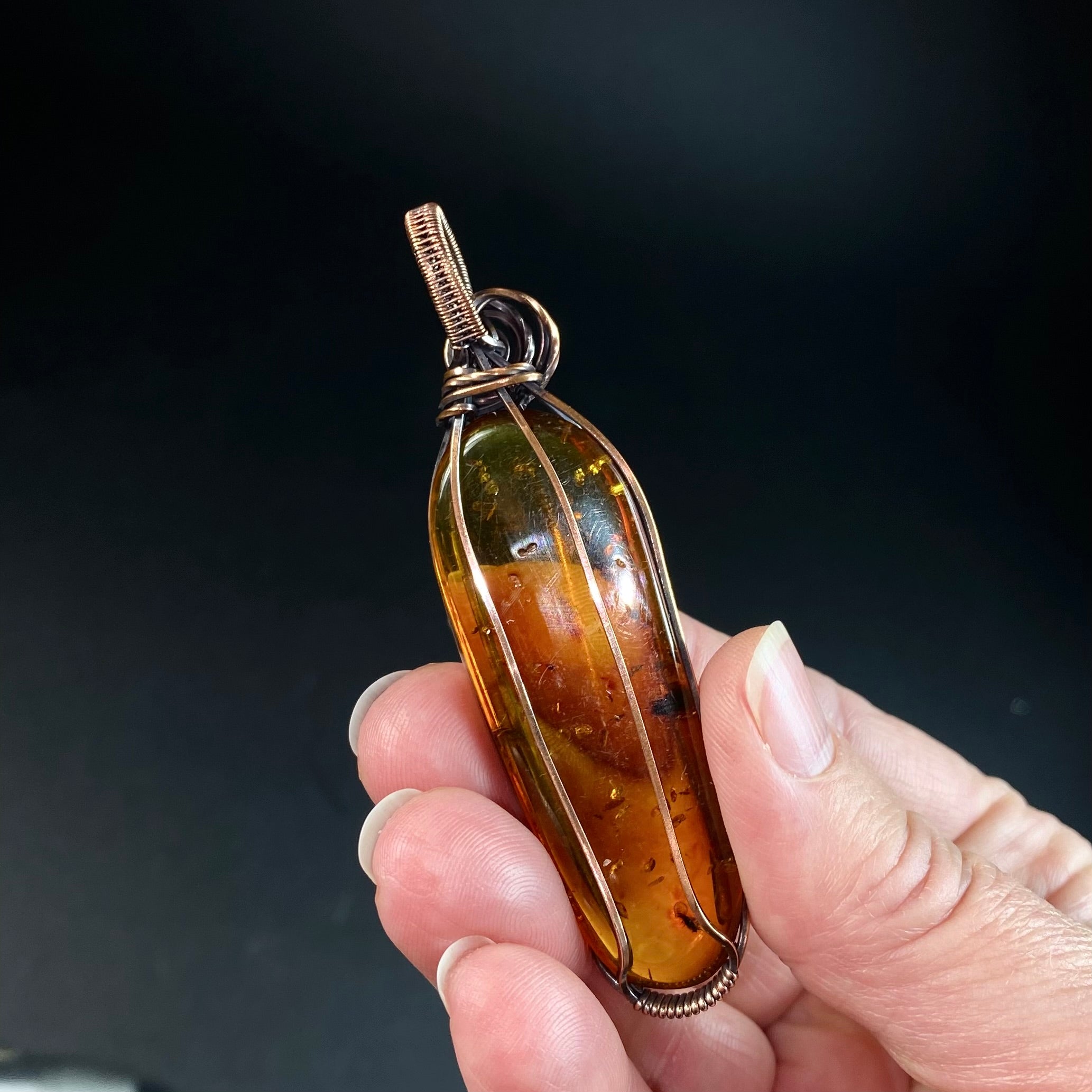 Amber and Copper Wire Wrapped Pendant