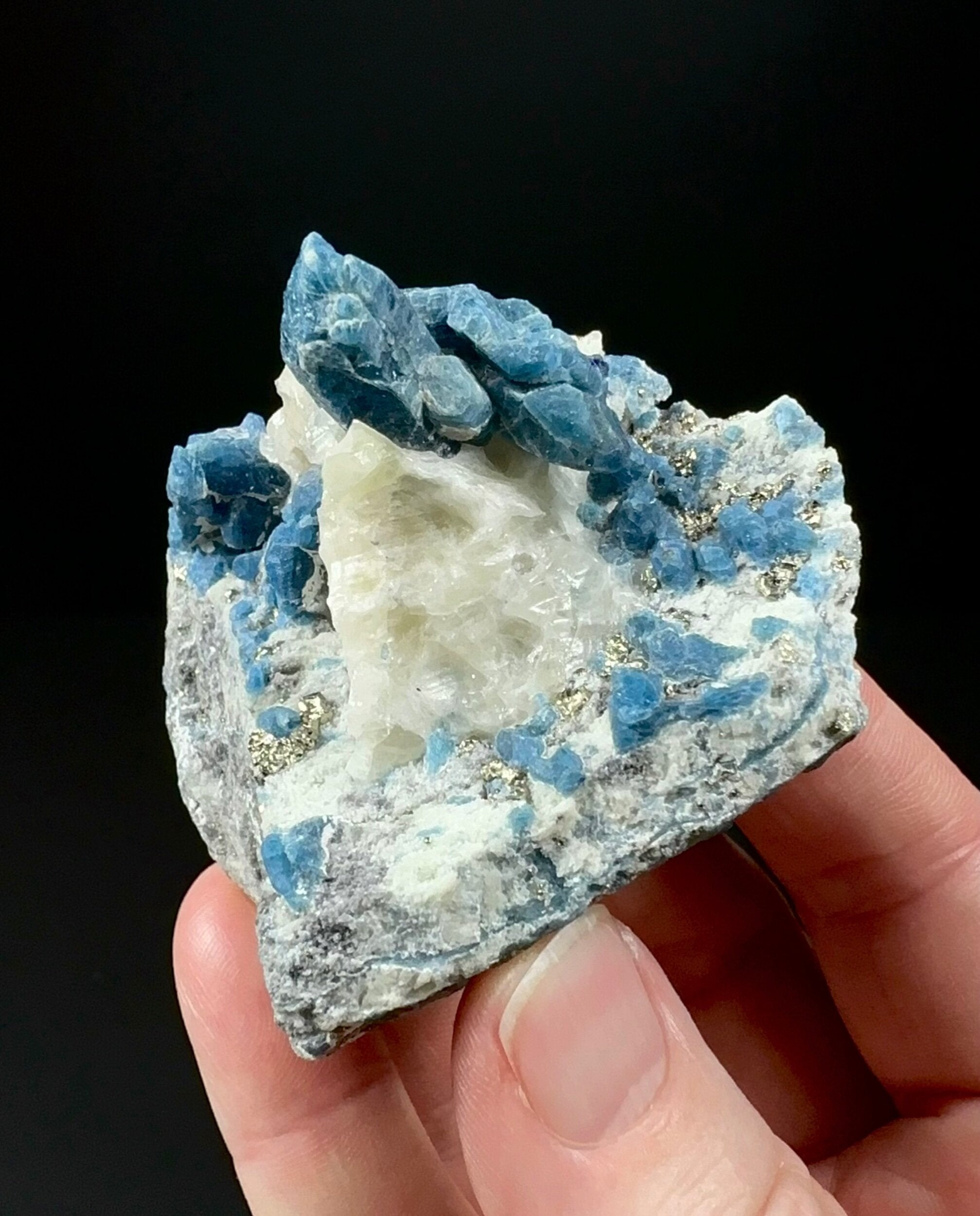 UV Reactive Blue Sodalite / Hauyne with Calcite & Pyrite on Marble Matrix - Terminated Crystals