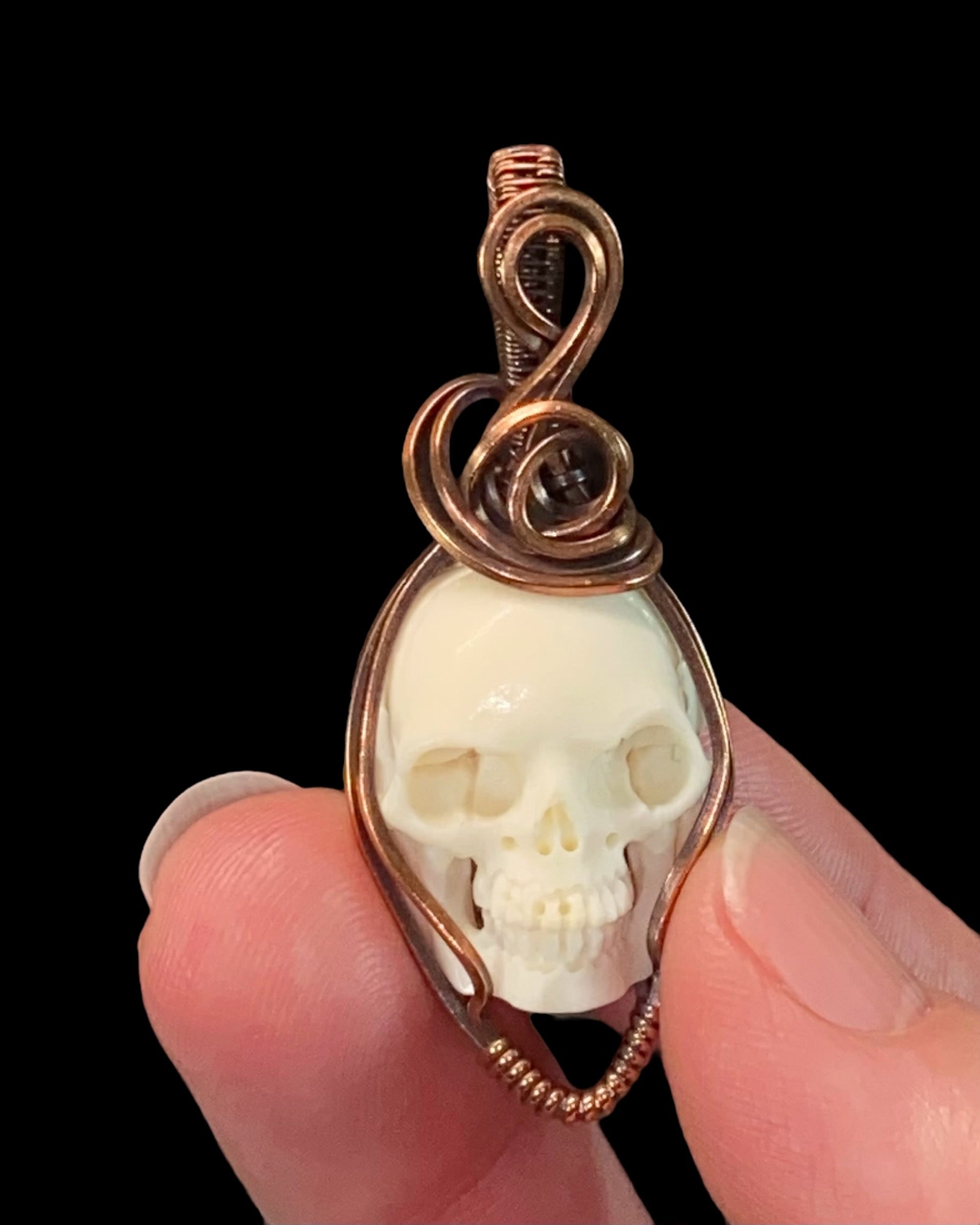 Carved Bone Skull and Copper Handmade Wire Wrapped Pendant