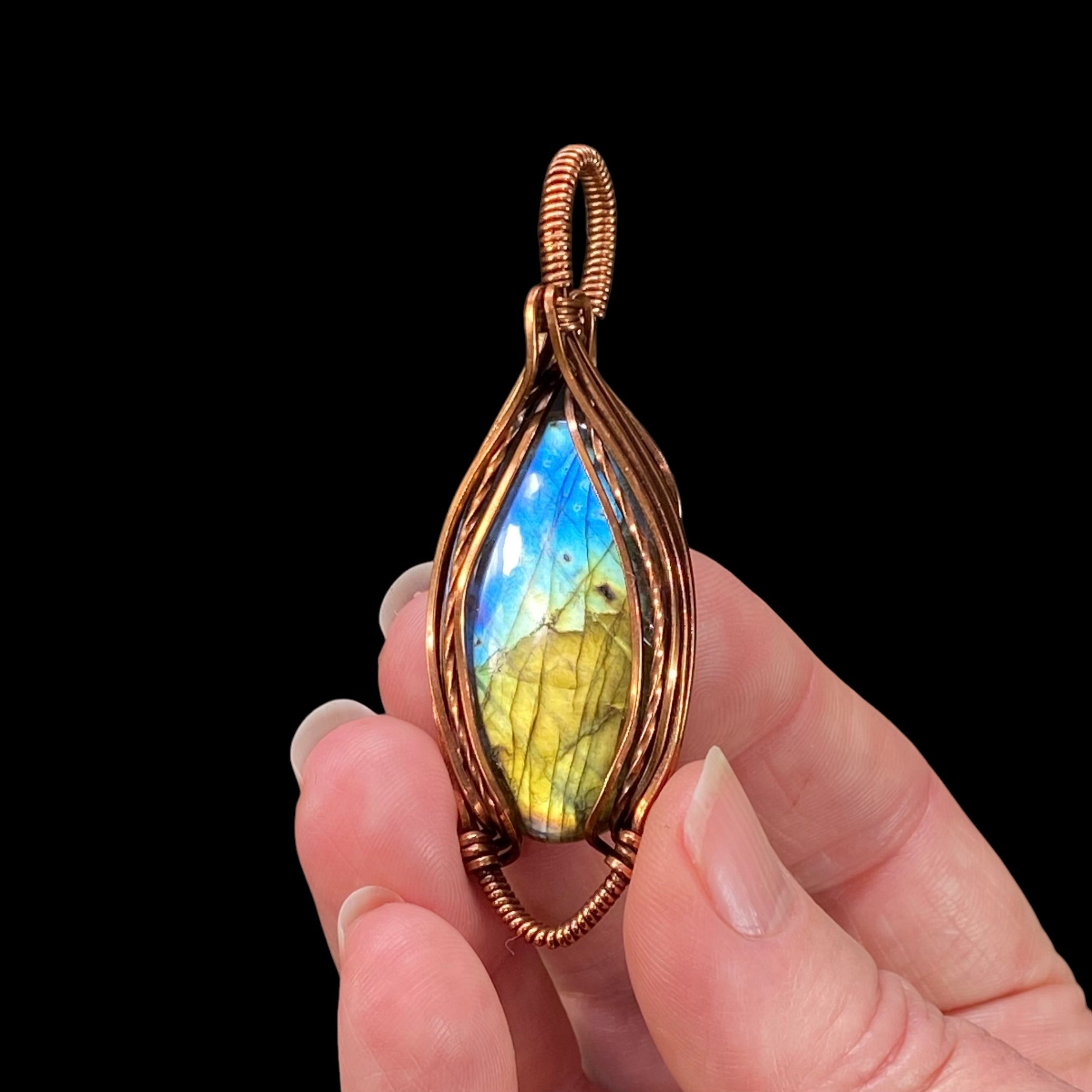 Labradorite Cabochon Wire Wrap Pendant - Oxidized Copper Wire