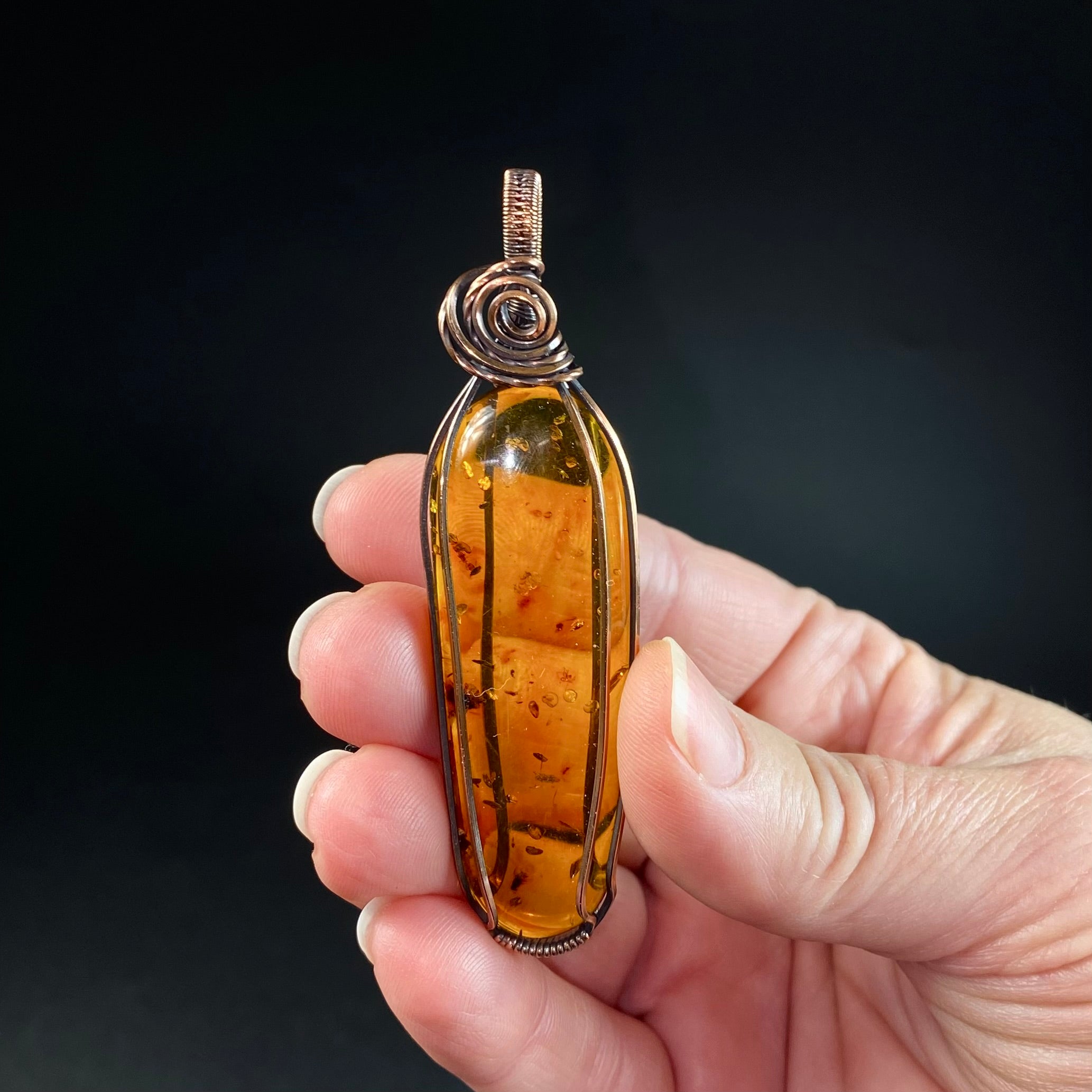 Amber and Copper Wire Wrapped Pendant