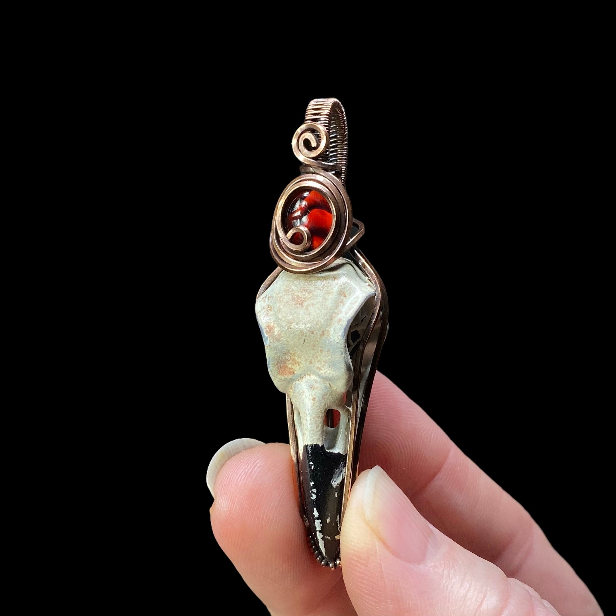 Resin Raven Skull & Spiral Copper Wire Wrapped Pendant