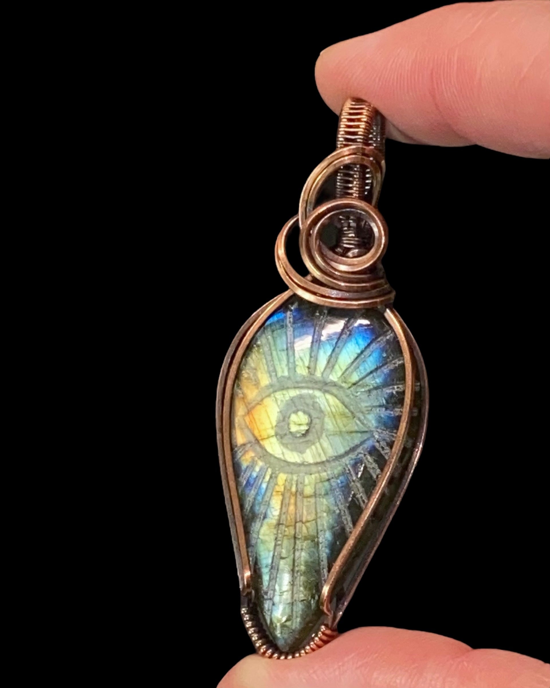 Evil Eye Carved Labradorite Cabochon and Copper Handmade Wire Wrapped Pendant