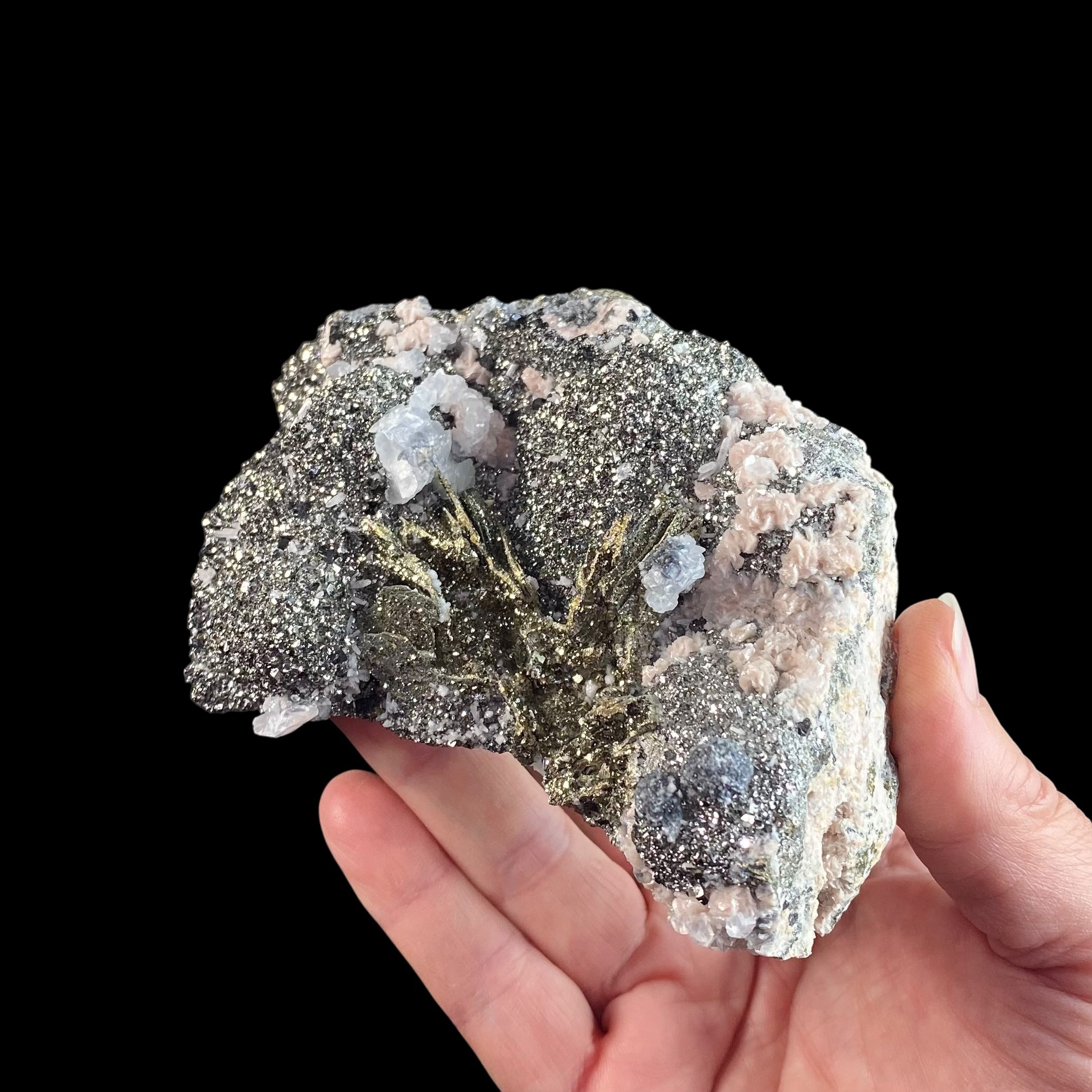 Rhodochrosite Rosettes on Arsenopyrite, with Sphalerite, Pyrite After Pyrrhotite, Milky Quartz Crystals  & Calcite from Trepça Mines, Kosovo
