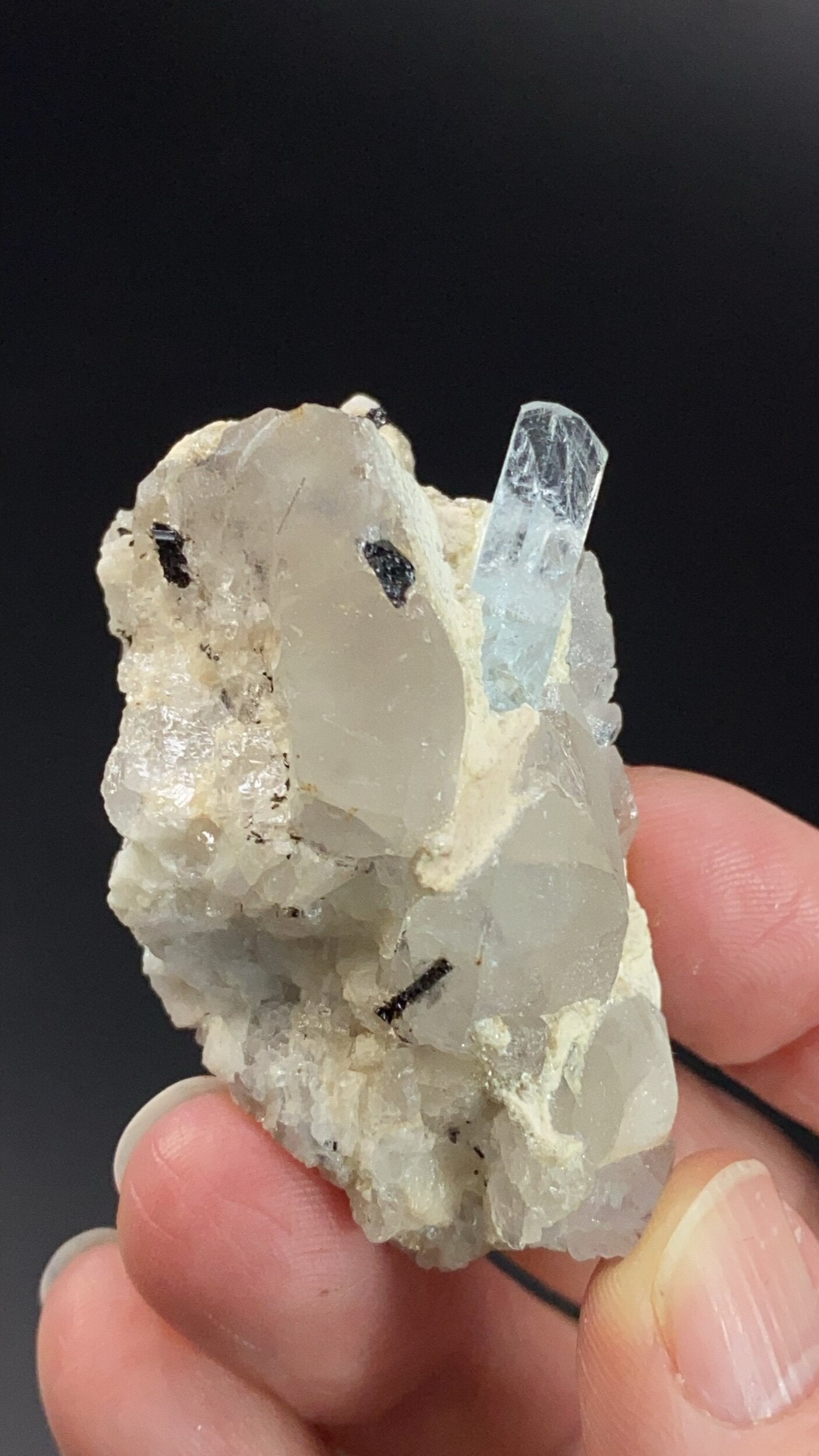 Aquamarine Crystal with Quartz, Muscovite Mica, Black Tourmaline & Feldspar