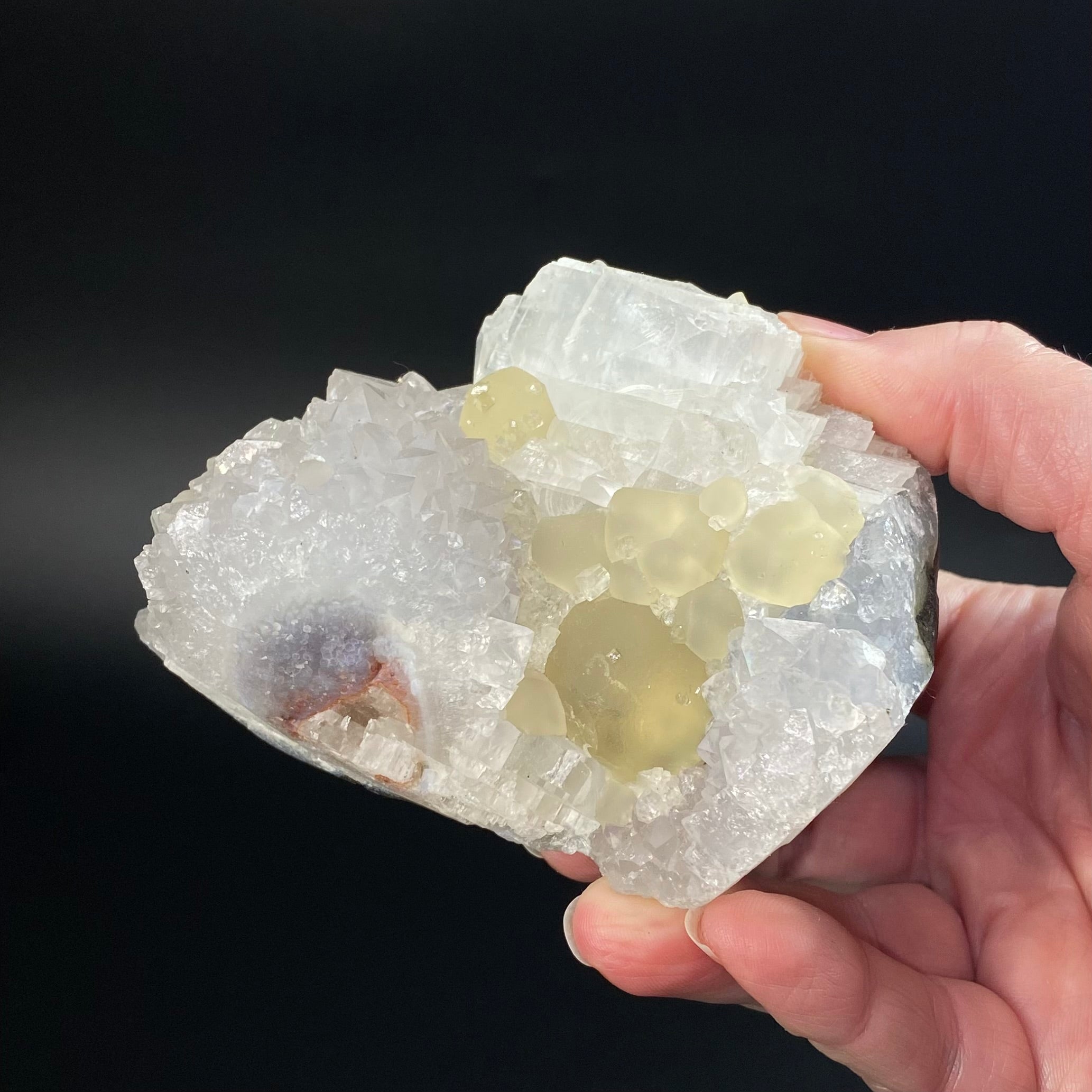 Botryoidal Yellow Fluorite & Calcite on Quartz, Mahodari, Nashik District, Maharashtra, India