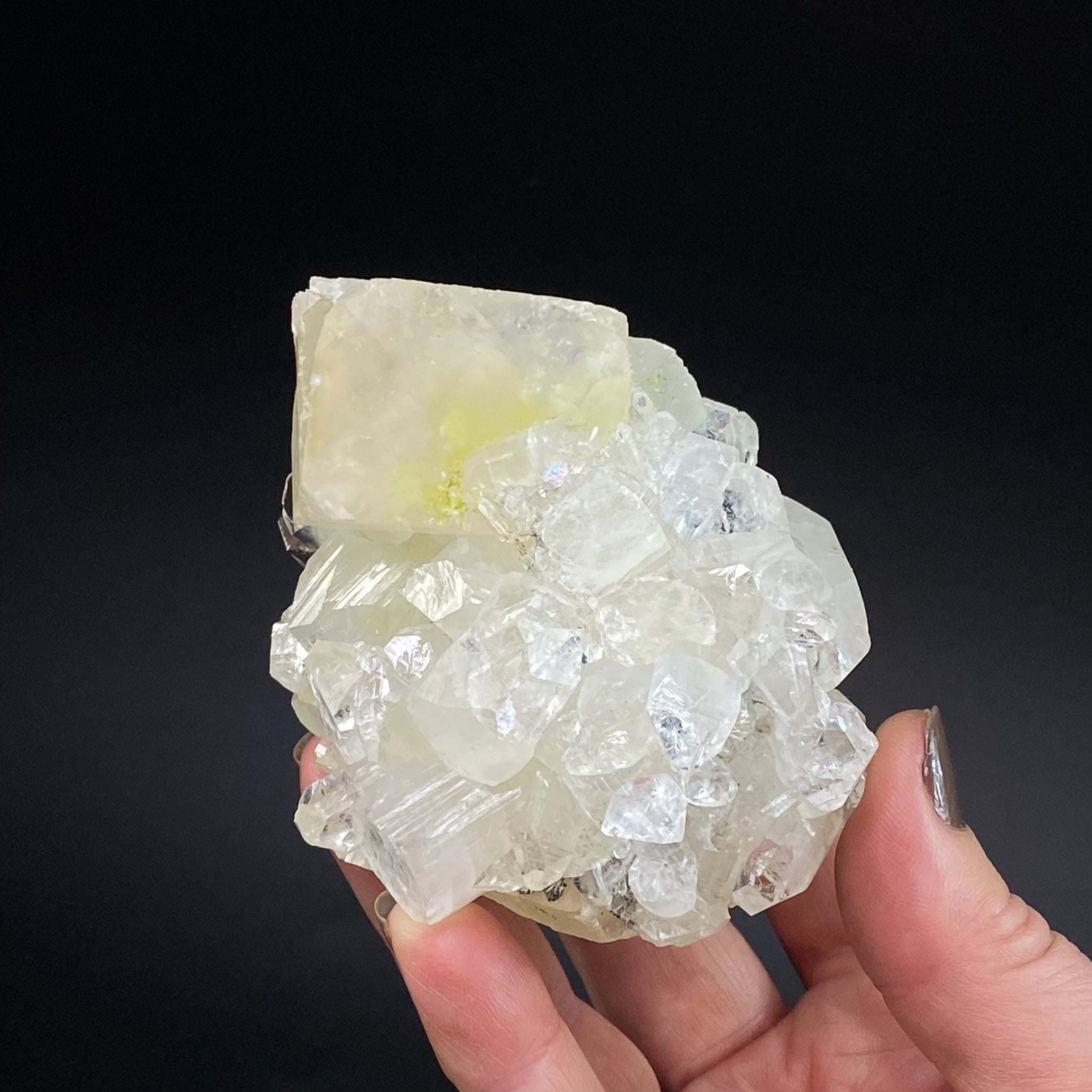 Clear Apophyllite Crystal Cluster with Yellow Calcite