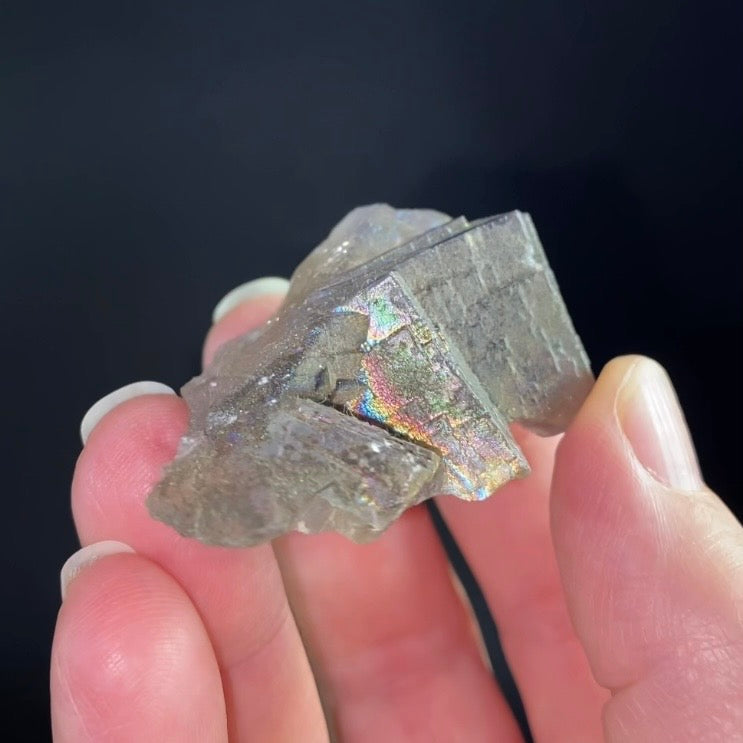 Blue and Gray Cubic Fluorite Cluster with Rainbow Iridescent Iron Oxide Surface